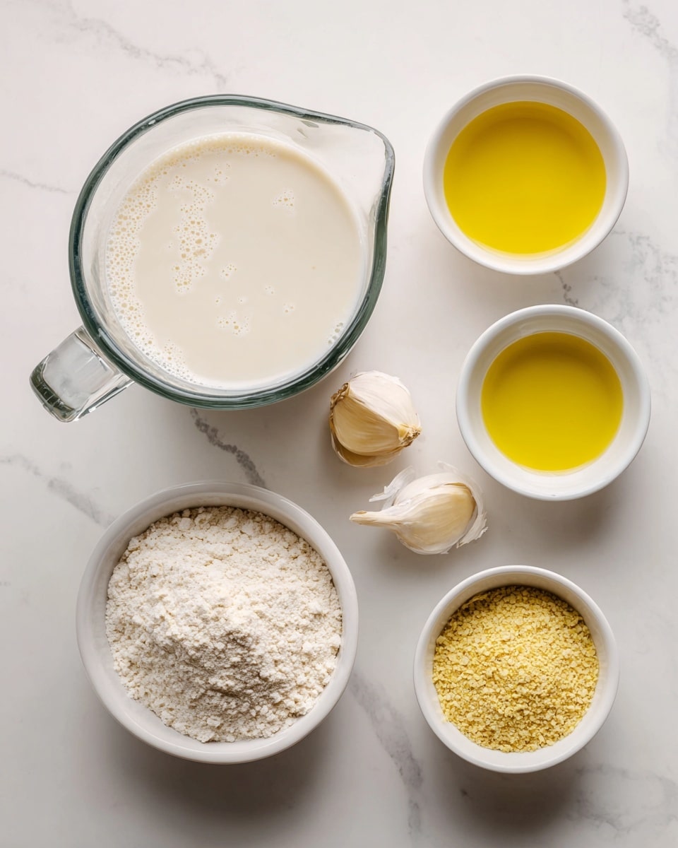 A clear glass measuring cup filled with smooth, foamy oat milk dominates the left side of the image, sitting on a white marbled surface. To the right, there are five small white bowls and two garlic cloves arranged neatly. The top bowls contain a pale yellow lemon juice and golden olive oil, each with a smooth liquid texture. Below them are a white bowl filled with soft, powdery white flour and a white bowl with coarse, yellow nutritional yeast flakes. Two peeled garlic cloves rest between the lemon juice and nutritional yeast bowls, adding a natural, slightly curved texture. The whole setup is well-lit, simple, and clean, with a bright, fresh look. photo taken with an iphone --ar 4:5 --v 7