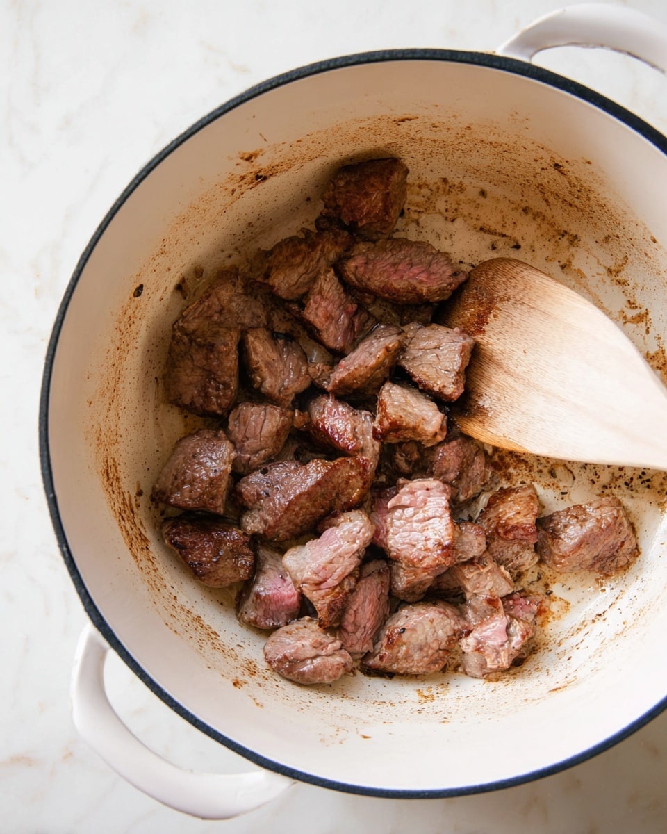 Inside a white pot with a dark rim, there are several small pieces of browned meat, each piece showing a slightly different shade of cooked brown with some pink areas. The meat pieces are uneven in size and scattered mostly on the left side. A light wooden spoon rests on the right side of the pot, touching some of the meat. The pot’s inside walls have some brown cooking marks and spots. The scene is set on a white marbled surface. Photo taken with an iphone --ar 4:5 --v 7