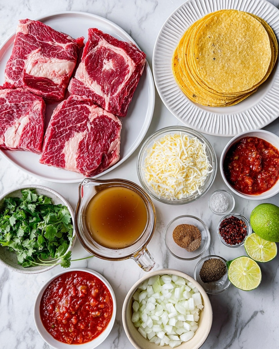 The image shows a white plate with three thick raw beef cuts, red with white marbling, positioned on the top left. To the right, a stack of yellow corn tortillas lays on a white plate with ridged edges. Below the meat, a bowl of fresh green cilantro leaves sits beside a bowl filled with shredded white cheese. Centered is a clear glass measuring cup with golden brown broth. To the right of that, a beige bowl is full of small chopped white onions. Next to it, a white bowl holds bright red salsa with a chunky texture. Small white bowls contain various items: dried chipotle peppers in dark red sauce, white garlic cloves, assorted ground spices including brown cinnamon sticks and green herbs, lime wedges and clear water, all arranged neatly on a white marbled surface. Photo taken with an iphone --ar 4:5 --v 7