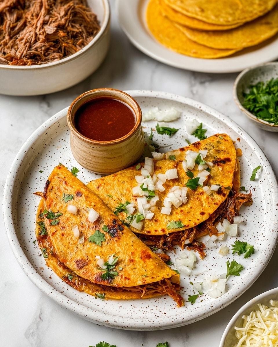 Two folded golden-brown tacos with slight crisp edges sit on a white speckled round plate. The tacos are lightly charred in spots and garnished with small pieces of chopped white onion and bright green cilantro scattered on top and around them. Between the tacos is a small beige ceramic cup filled with a deep red sauce. In the background, there is a white bowl filled with shredded brown meat, a plate holding multiple soft yellow corn tortillas, and dishes with shredded white cheese and fresh cilantro leaves, all placed on a white marbled surface. Photo taken with an iphone --ar 4:5 --v 7
