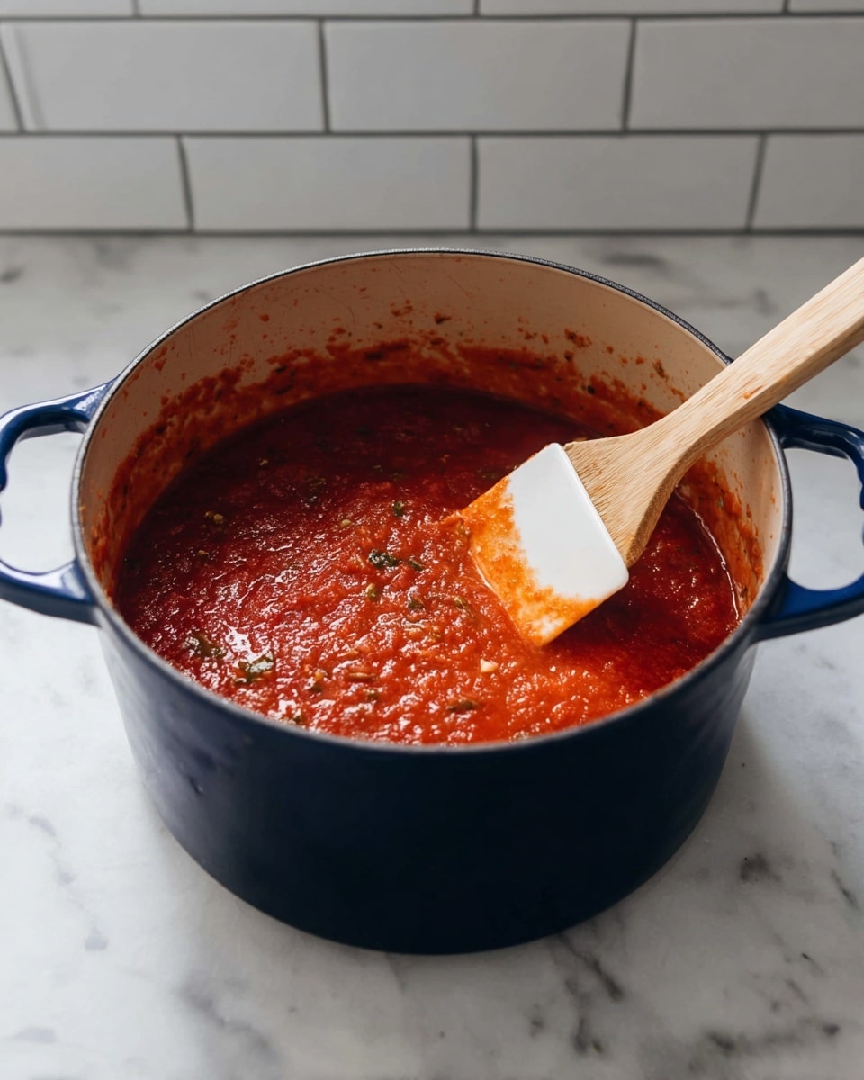 A dark blue pot with two handles holds a thick, red tomato sauce with visible small green bits throughout. Resting on the pot's rim is a white spatula with a wooden handle, the spatula head smeared with some of the sauce. The pot sits on a white marbled surface with white subway tiles as the background. photo taken with an iphone --ar 4:5 --v 7