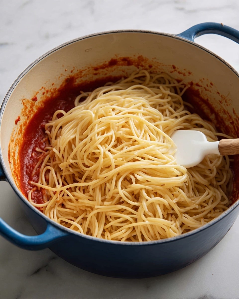 A blue cast iron pot on a white marbled surface is filled with two layers: at the bottom, there is a layer of red tomato sauce with a smooth texture and some sauce marks on the sides of the pot, and on top, there is a thick heap of plain cooked spaghetti noodles, pale yellow in color with a slightly glossy surface. A white spatula with a wooden handle rests on the right side inside the pot, touching the noodles. Photo taken with an iphone --ar 4:5 --v 7