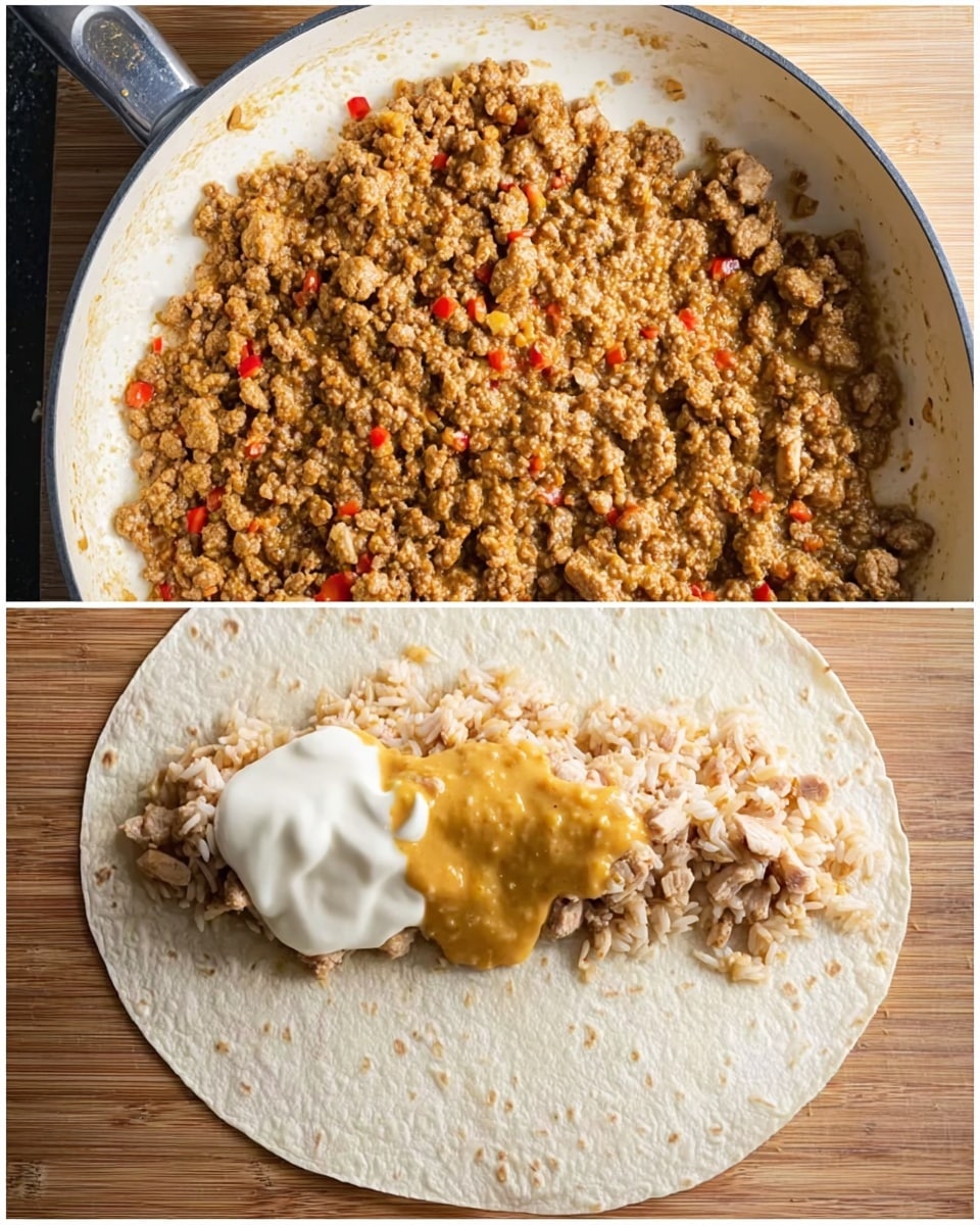 The first image shows a white pan filled with cooked ground meat mixed with small pieces of onions and red peppers, creating a textured layer of brown and orange-red tones. The second image features a white flat tortilla spread flat on a wooden surface, with a first layer of beige rice and small pieces of cooked chicken. On top of the rice is a dollop of white sauce on one side and a spoonful of thick golden mustard sauce being spread over it. Photo taken with an iphone --ar 4:5 --v 7