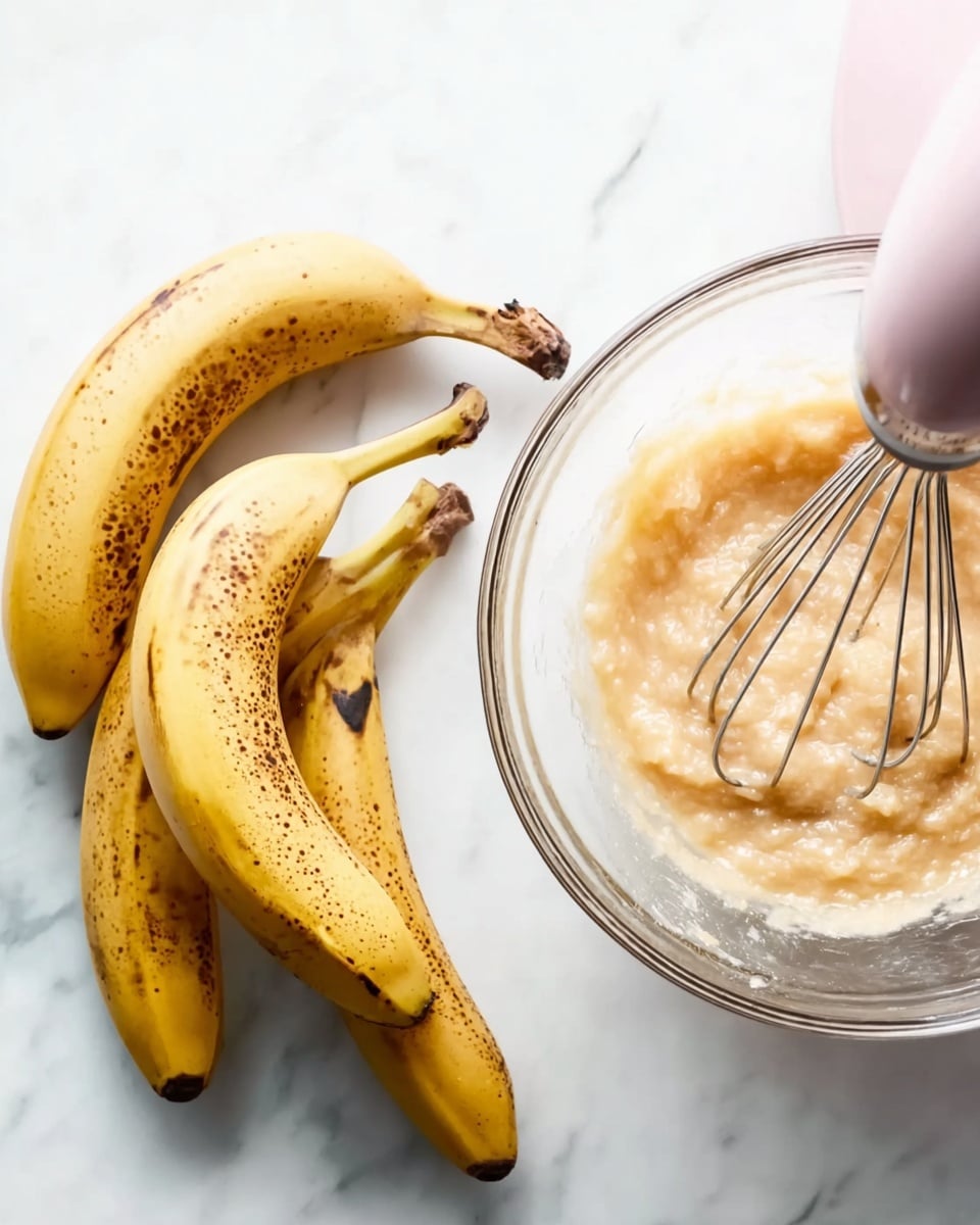 Three ripe bananas with brown spots lie on a white marbled surface. Next to them, a clear glass mixing bowl holds a mashed banana mixture with a soft, creamy texture. A metal whisk attached to a pink mixer is partially visible, resting on the bowl. The scene is bright and clean, emphasizing the yellow and pale tones of the bananas and the creamy mixture photo taken with an iphone --ar 4:5 --v 7