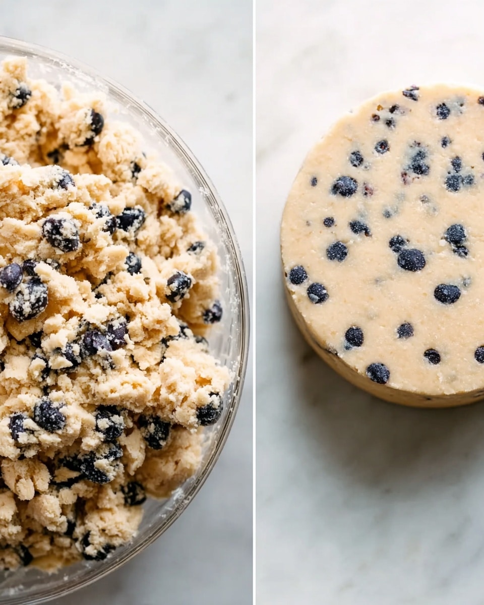 The image shows two close-up shots side by side on a white marbled surface. The left side has a clear bowl filled with crumbly dough mixed with dark blueberries, showing a rough and uneven texture. The right side features a round disk of dough, smooth and pressed flat, with visible blueberries evenly spread inside. Both parts reveal a light beige dough with scattered dark blueberries making small spots of color throughout the mixture. Photo taken with an iphone --ar 4:5 --v 7