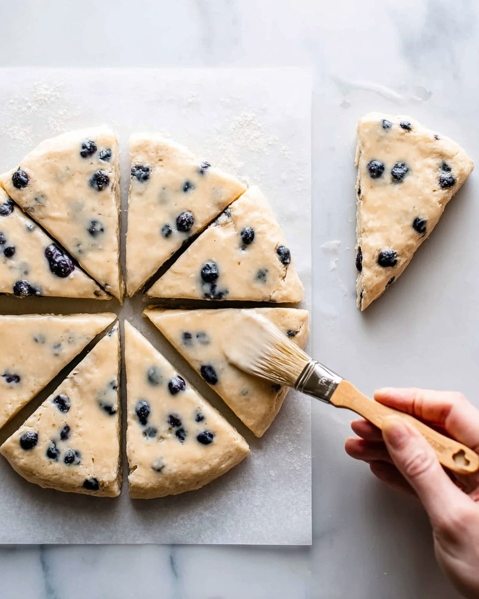 The image shows a round biscuit dough with blueberries inside, placed on a white marbled surface. The dough is divided into eight equal triangular pieces. The dough has a light beige color with dark blue blueberries spread evenly throughout. In the second part of the image, a woman's hand is holding a brush, applying an egg wash or butter on one of the triangular dough pieces. The dough pieces are on white parchment paper, and the brush has natural brown bristles with a wooden handle. The overall lighting is bright and natural. photo taken with an iphone --ar 4:5 --v 7