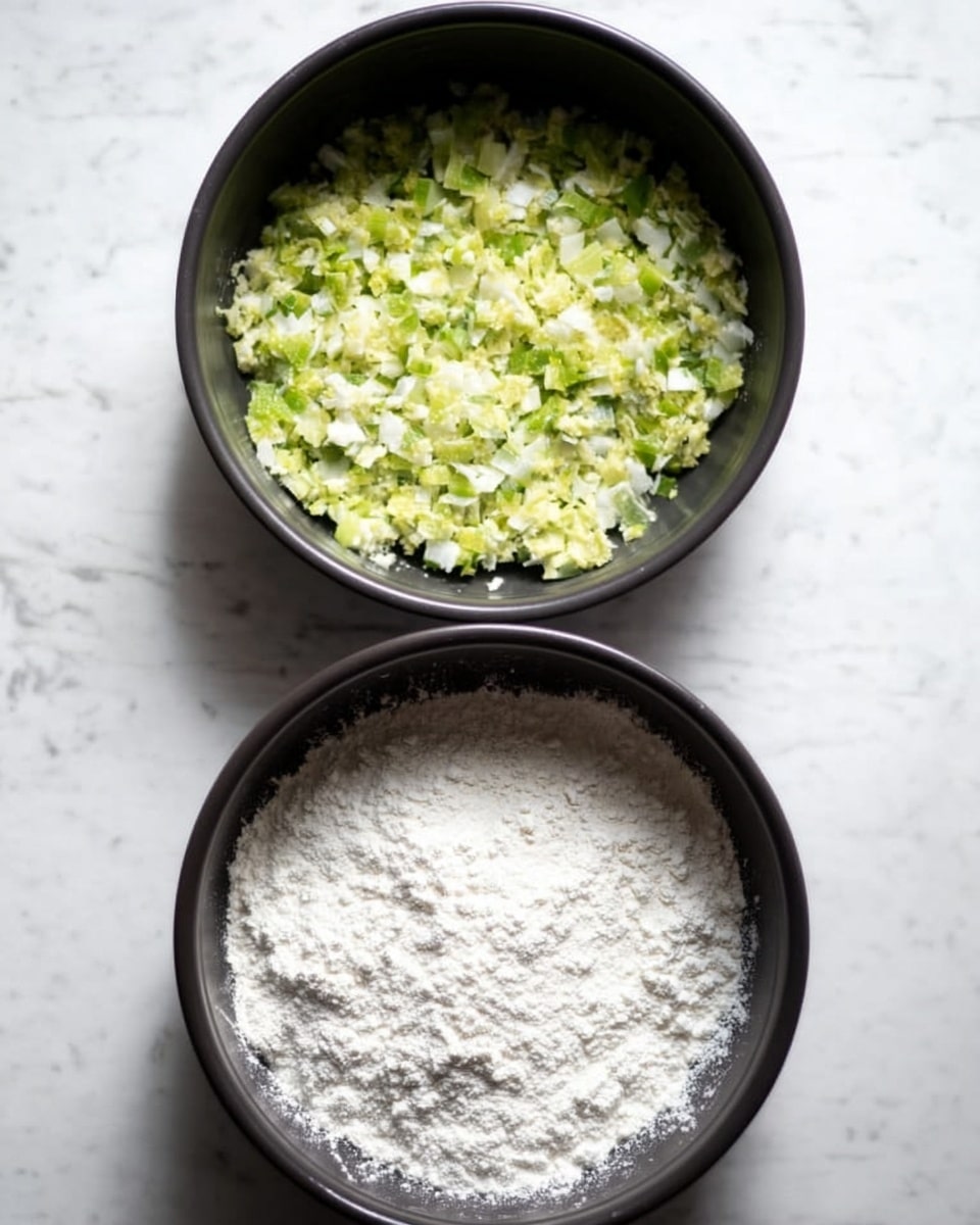 Two black round pans are shown from above on a white marbled surface. In the first pan, there is one layer of finely chopped light green and white vegetables, spread evenly at the bottom. The pieces look soft and small. In the second pan, the same layer of chopped vegetables is underneath a thick layer of white powder, mostly spread over the right half, leaving some vegetables visible on the left side. photo taken with an iphone --ar 4:5 --v 7