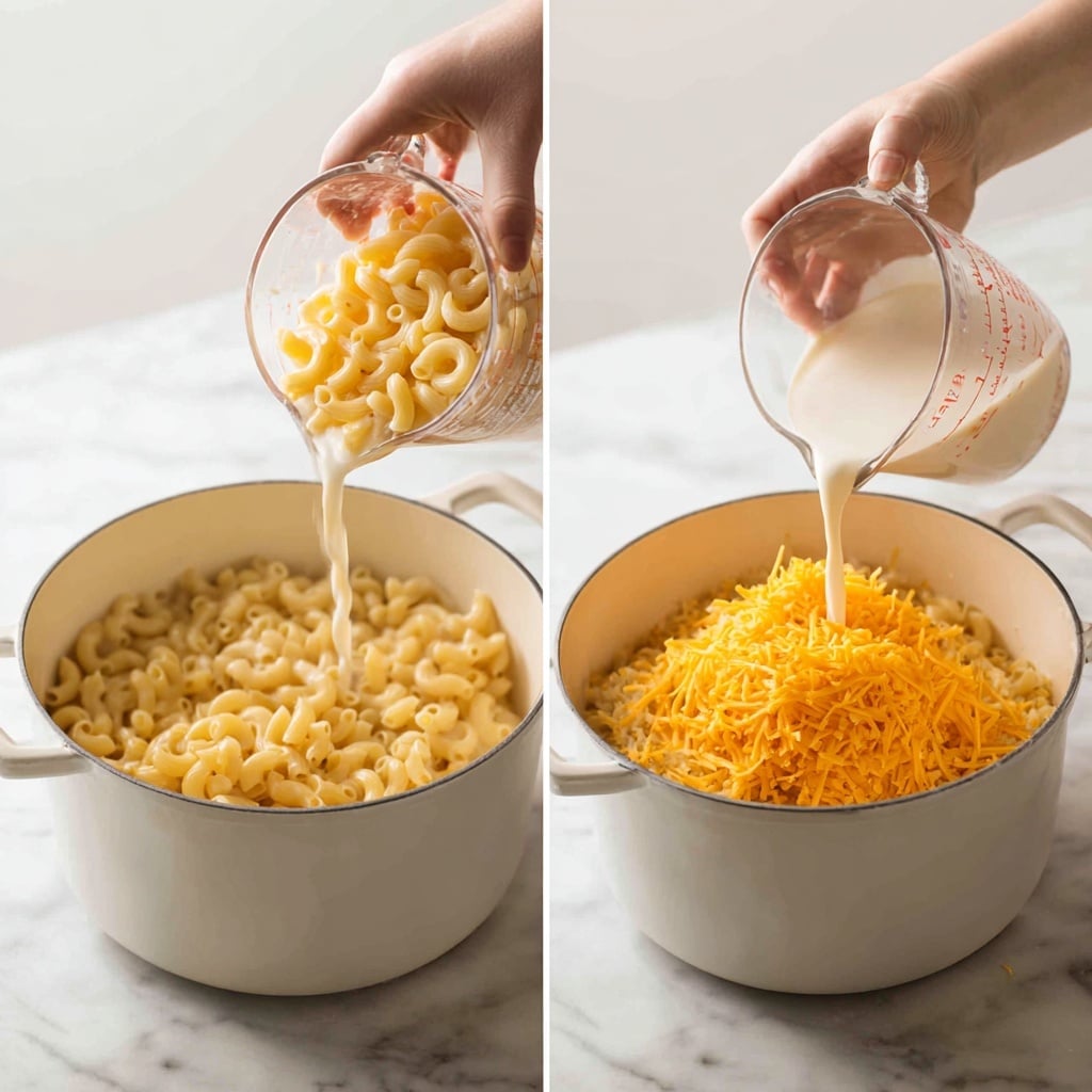 The first image shows a woman's hand pouring cooked elbow macaroni from a clear measuring cup into a large white pot filled with creamy white sauce. The second image shows the same white pot now filled with the creamy sauce base topped with a pile of bright orange shredded cheddar cheese in the center. Both images are set on a white marbled surface with good natural lighting. photo taken with an iphone --ar 4:5 --v 7