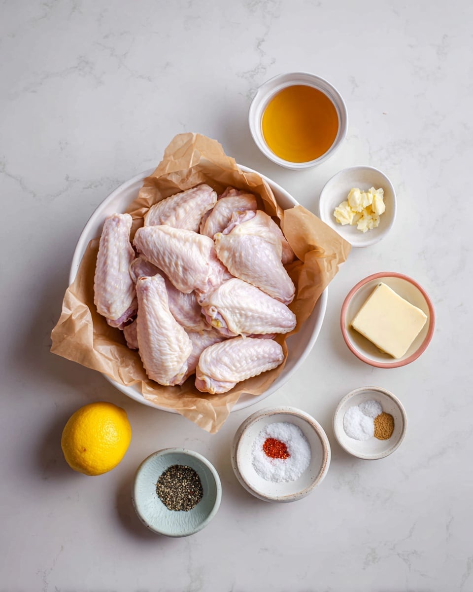 A white bowl lined with light brown parchment paper holds many raw chicken wings that are pale pink with smooth skin. Around the bowl on a white marbled surface are seven small white and pastel-colored dishes with different ingredients: at top right, there is a white cup filled with golden honey and a white bowl with a square piece of light yellow butter; to the bottom right, a small peach and beige bowl holds black pepper and white salt; at bottom center, a small light blue dish contains white powder; a whole bright yellow lemon sits at bottom left; next to it is a white bowl with white powders and light brown seasonings including paprika; and to the top center, a white bowl contains a small pat of light yellow minced ginger. The arrangement is neat and minimalistic, photo taken with an iphone --ar 4:5 --v 7