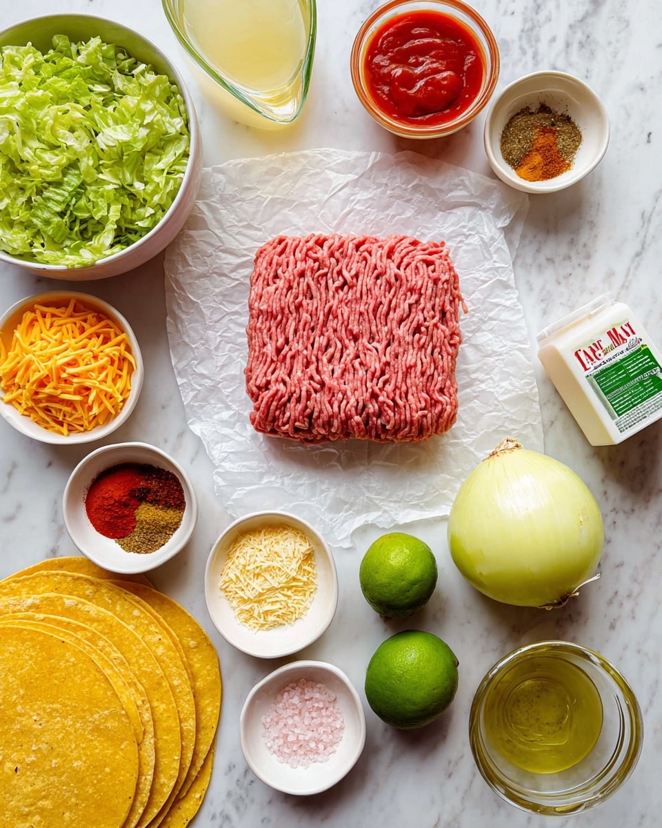 A flat square of raw ground meat with a pink color and stringy texture lies on white crumpled paper in the center of a white marbled surface. Surrounding it are small white bowls filled with an orange-red spice, shredded yellow and white cheese, a yellow paste, and a mix of dried spices in red, beige, and green. To the left, there is a white bowl filled with chopped green lettuce and just below it, a stack of yellow corn tortillas. Nearby, a clear glass measuring cup holds a light yellow liquid next to a small white bowl with bright red sauce. A whole shiny yellow onion and a green lime sit close together in the upper right, near a white container of sour cream with a green label. A transparent small bowl with a green sauce is placed near the front edge, accompanied by a tiny pink dish of salt, and a small dish with a golden liquid, all arranged neatly on the white marbled surface. photo taken with an iphone --ar 4:5 --v 7