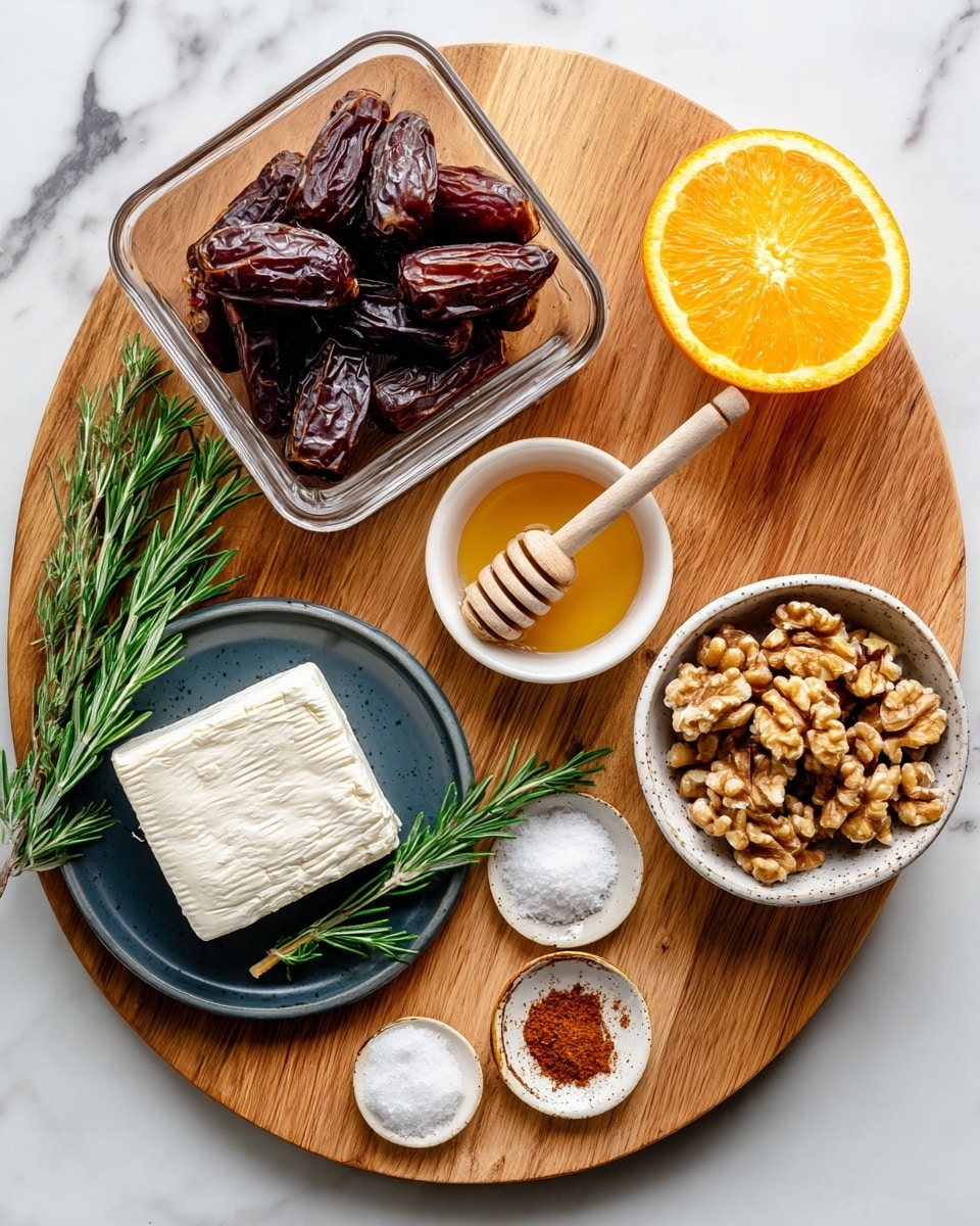 The image shows a round wooden board placed on a white marbled surface. On the board, there is a clear square glass container filled with dark brown dates positioned at the top left. To the right of the dates, there is a half orange showing its bright orange, juicy texture. Below the orange, a small white bowl contains golden hot honey with a wooden honey dipper resting inside. At the bottom right of the board, there is a rustic white bowl filled with uneven, light brown walnuts. Near the bottom left, a dark blue plate holds a rectangular block of smooth white goat cheese. A sprig of fresh green rosemary lies diagonally across the center of the board, crossing between the plate with goat cheese and the bowl of walnuts. At the bottom center, a small white round dish has some white salt and a small pile of reddish-brown cinnamon powder. The photo taken with an iphone --ar 4:5 --v 7