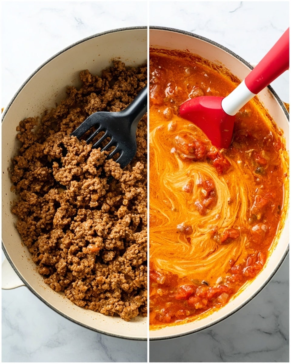 The image shows two side-by-side views inside a white cooking pot on a white marbled surface. The left side has one layer of cooked ground meat, brown and crumbly with some pieces larger than others, stirred with a black slotted spatula resting on the top right. The right side shows a thick orange and red sauce with chunks of meat and tomatoes in a creamy liquid, stirred with a red and white spatula that is partly submerged on the right side. The sauce has a swirled texture, with areas of rich red, orange, and lighter cream colors blending smoothly. photo taken with an iphone --ar 4:5 --v 7
