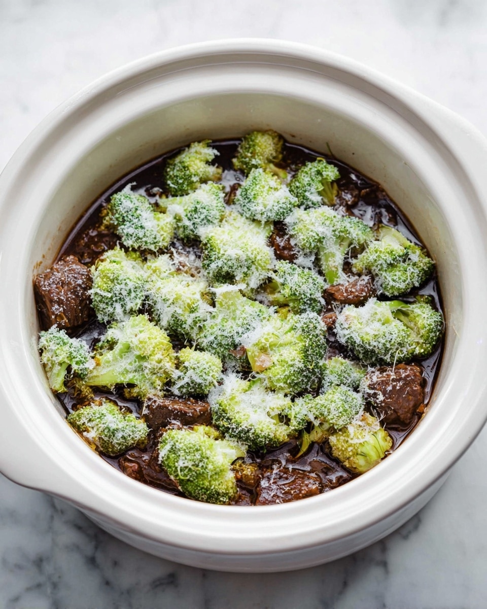 A white round slow cooker bowl filled with a dark brown stew at the bottom, showing pieces of cooked meat partially covered by a layer of frozen broccoli florets that are frosty and green with white ice crystals. The bowl sits on a white marbled surface. photo taken with an iphone --ar 4:5 --v 7