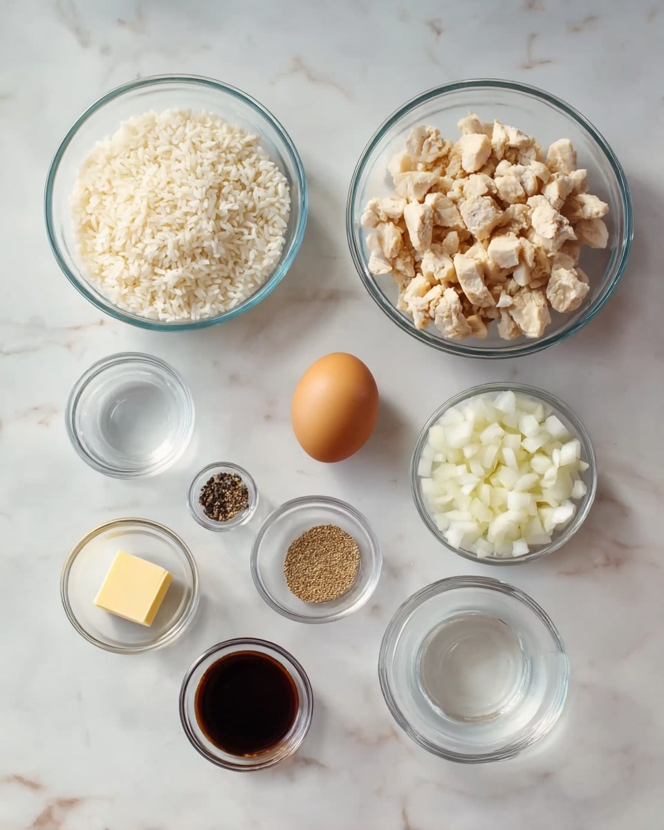 A white marbled surface holds eight clear glass bowls and small containers arranged neatly. On the top left, there is a large bowl filled with cooked white rice. Below it, another large bowl contains chopped cooked chicken pieces. To the right of the chicken, a medium bowl holds diced white onions. In the center bottom is a small bowl with a whole brown egg. Next to the egg, on the right, a small bowl contains a dark soy sauce. Above the soy sauce, a tiny bowl has a square piece of light yellow butter. Above the butter, another tiny bowl contains a mixture of black pepper and spices. To the left of the spices is a small clear bowl with a little water or clear liquid, and next to it on the left is another small clear bowl with a similar amount of clear liquid. All bowls and containers are placed on a white marbled surface with soft natural light, photo taken with an iphone --ar 4:5 --v 7