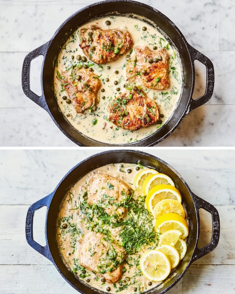 In the first image, a black cast iron pan contains five pieces of browned meat in a light cream sauce with visible green peppercorns scattered on top; the pan sits on a white marbled surface. In the second image, the same pan and meat are shown with the cream sauce slightly thicker, topped with fresh green herbs and several bright yellow lemon slices arranged on the right side of the pan, all resting on the same white marbled surface. Photo taken with an iphone --ar 4:5 --v 7