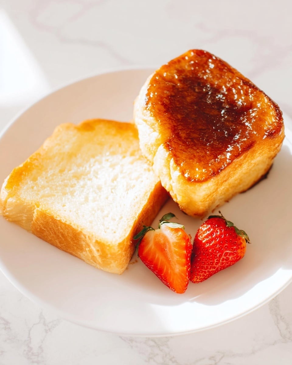 The image shows two pieces of toasted bread on a white plate placed on a white marbled surface. One piece is standing upright, showing its thick, golden-brown crust and soft white inside, while the other piece lies flat with a shiny, caramelized top layer that looks slightly crispy. Next to the bread are two strawberries, one whole and one cut in half, showing their bright red color and green leafy tops. The lighting is bright, highlighting the textures and colors of the food. photo taken with an iphone --ar 4:5 --v 7