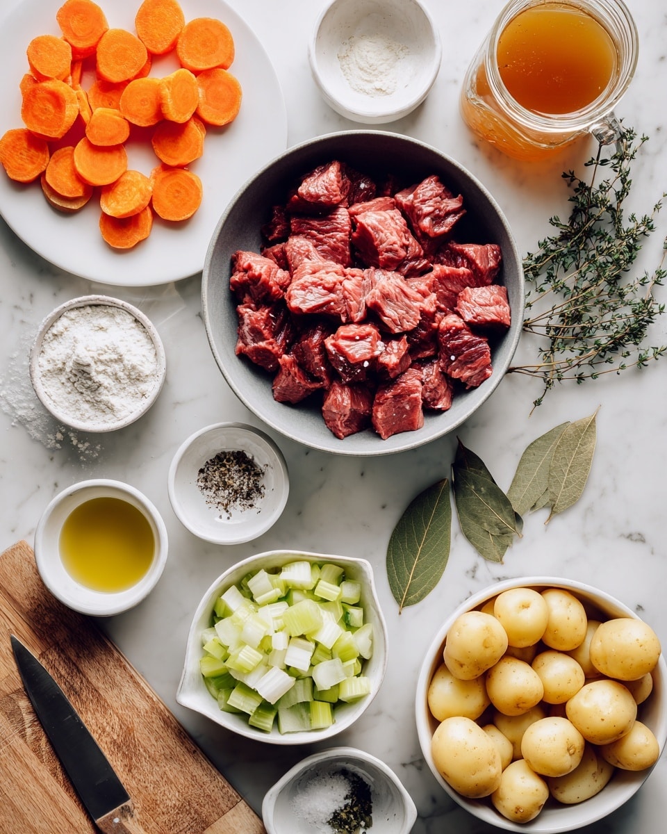 The image shows a top-down view of many cooking ingredients placed on a white marbled surface. At the center, there is a gray bowl filled with raw beef stew meat, in deep red color and chunky texture. To the left side, sliced orange carrots lie both on a white plate and on a wooden cutting board with a knife. Below the beef, a small white bowl contains white all-purpose flour. To the right, there is a white bowl full of small yellow potatoes, some halved, and below a white bowl with chopped celery pieces in light green. Two dried green bay leaves are placed near the center. Around these main bowls, small white bowls hold olive oil, apple cider vinegar, thyme leaves, chopped white onion, and salt with black pepper, each visible with their distinct colors. In the top right corner, there is a glass jar filled with apple cider juice in amber color. The whole setting is clean with natural light and a clear focus on the fresh ingredients. Photo taken with an iphone --ar 4:5 --v 7