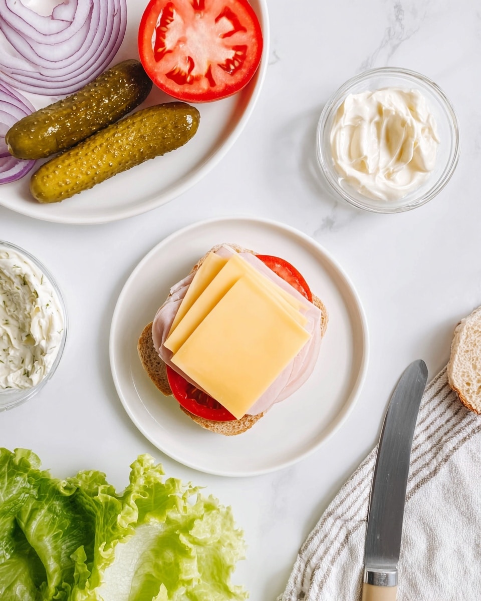 A small white plate holds an open sandwich with two slices of yellow cheese on top of a light pink turkey slice, which is placed over a red tomato slice; next to this is a halved pickle spread with white mayonnaise. Nearby on the white marbled surface is a tomato half with its red and white inside visible, a clear small bowl filled with white mayonnaise, and part of another white plate holding onion slices with purple rings and some more tomato and turkey slices. In the bottom left corner is green leafy lettuce, and a silver knife lays on a white and gray striped cloth. Photo taken with an iphone --ar 4:5 --v 7