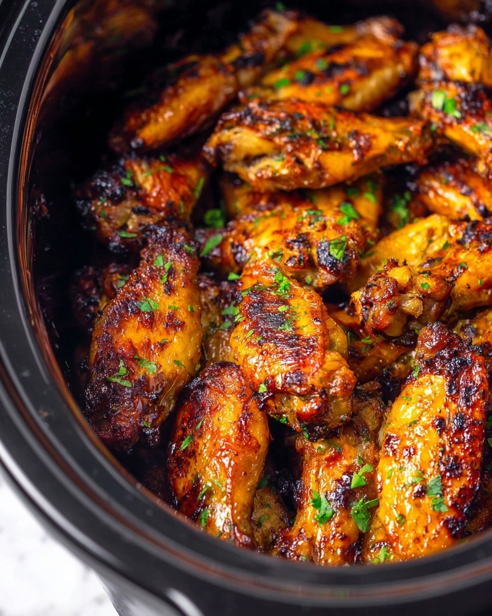 A close-up of many cooked chicken wings stacked inside a black slow cooker, each wing has a shiny, golden brown skin with darker charred spots and is sprinkled with small, bright green chopped herbs. The wings look crispy on the outside with a textured, slightly wrinkled skin. The slow cooker edge is rounded and the whole dish sits on a white marbled surface. photo taken with an iphone --ar 4:5 --v 7