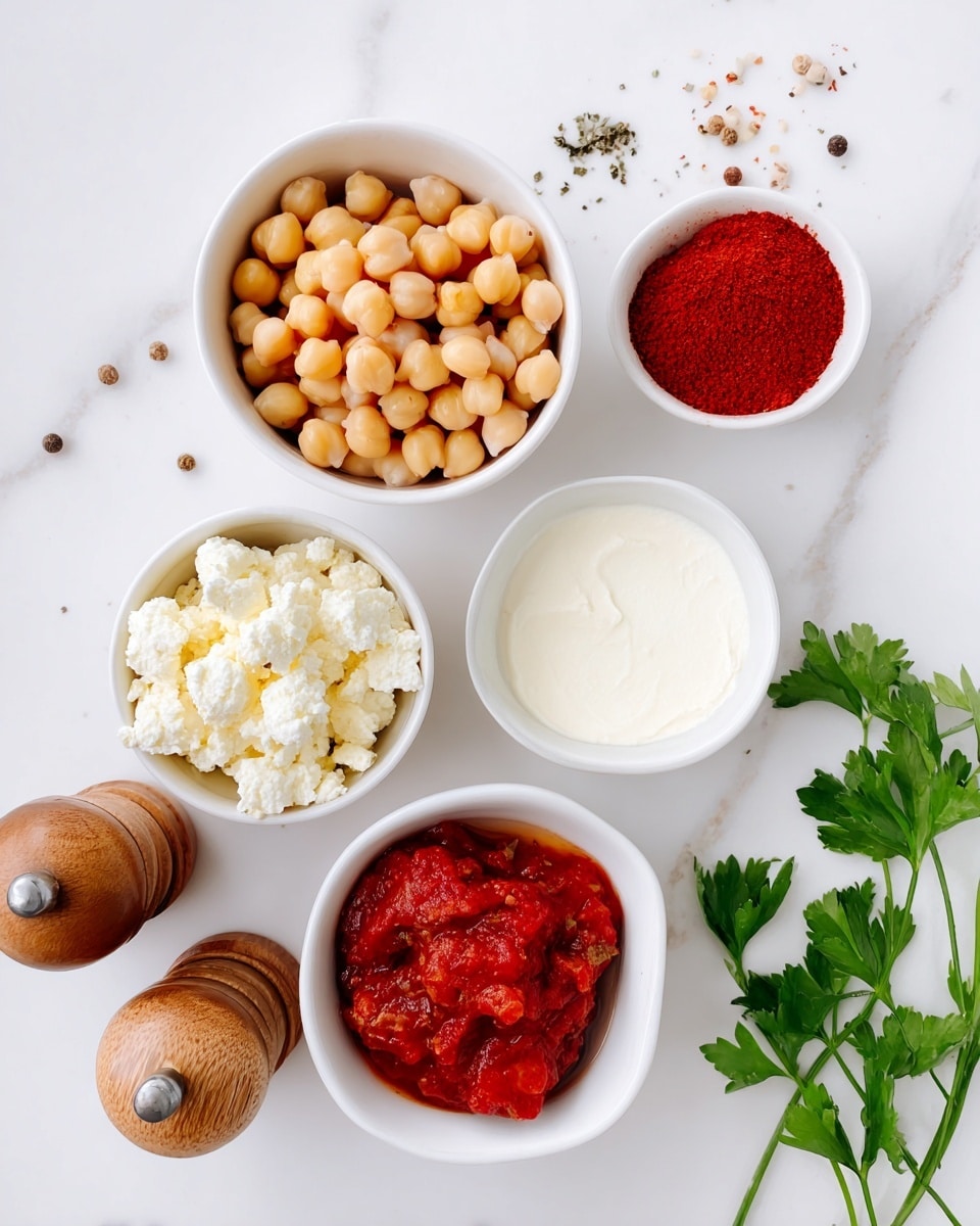 The image shows five white bowls arranged on a white marbled surface, each containing different ingredients. The top left bowl holds light beige chickpeas with a smooth and slightly wrinkled texture, while the small bowl on the top right contains bright red powdered spice. Below the chickpeas, a bowl has crumbly white cheese with a soft, fluffy texture. To the right of the cheese, there is a small bowl with smooth white yogurt. The bottom right bowl holds chunky red tomato sauce with visible pieces of tomatoes. Two wooden salt and pepper shakers are placed near the top left, and a sprig of fresh green parsley rests near the right side. Photo taken with an iphone --ar 4:5 --v 7