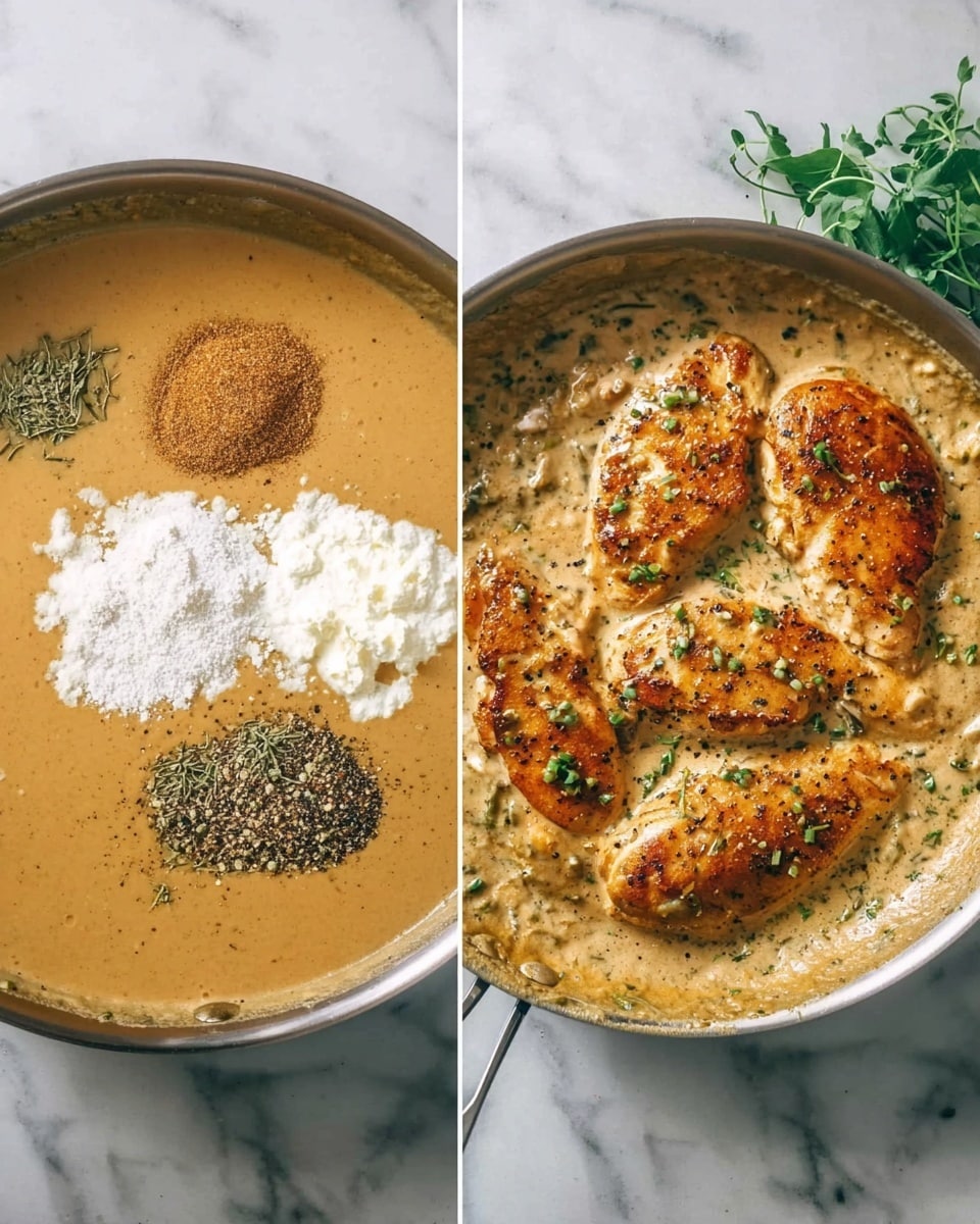 The image shows two side-by-side views inside a stainless steel pan on a white marbled surface. On the left, a tan creamy sauce with a smooth texture has three piles of different seasonings and sour cream on top: a white powder, dried green herbs, and a light brown powder. On the right, the same pan holds four pieces of golden-browned cooked chicken on top of the thick tan sauce, sprinkled with black pepper and fresh green herb bits. Some fresh herbs are placed next to the pan on the marbled surface. Photo taken with an iphone --ar 4:5 --v 7