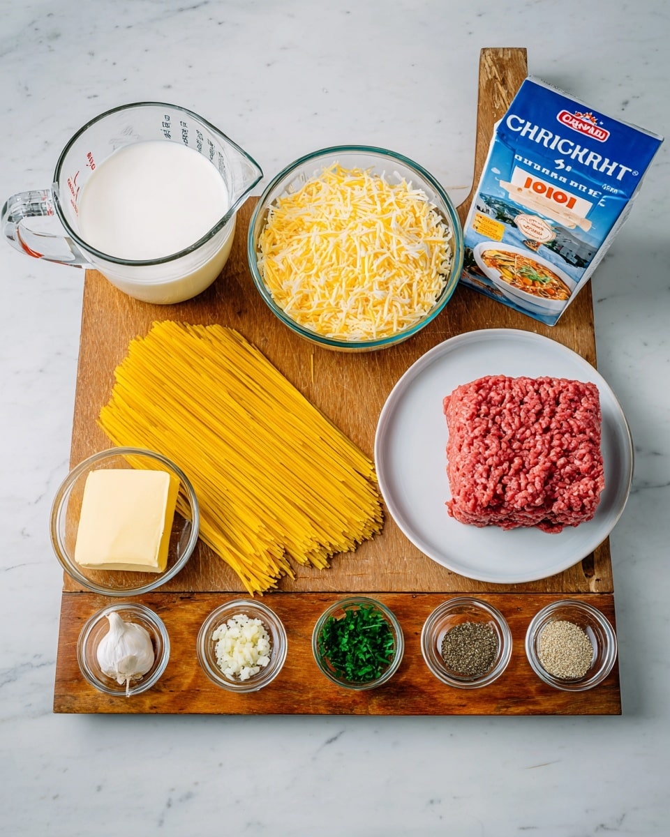 A wooden board placed on a white marbled surface holds several cooking ingredients. On the board, there is a short stack of uncooked yellow pasta strands in the middle. To the right side, a white round plate holds a rectangular block of raw red ground meat. Near the top right, there is a large blue and white carton of chicken broth with a picture of soup on it. In front and slightly left of the carton, a glass bowl filled with shredded pale yellow cheese sits next to a smaller bowl holding a square of pale yellow butter. A clear glass measuring cup filled with white milk stands on the left side of the pasta. In front of the pasta, several small glass bowls hold minced garlic, chopped green herbs, and various white and brown powdered spices. The overall setting is bright and well-lit, presented neatly. Photo taken with an iphone --ar 4:5 --v 7