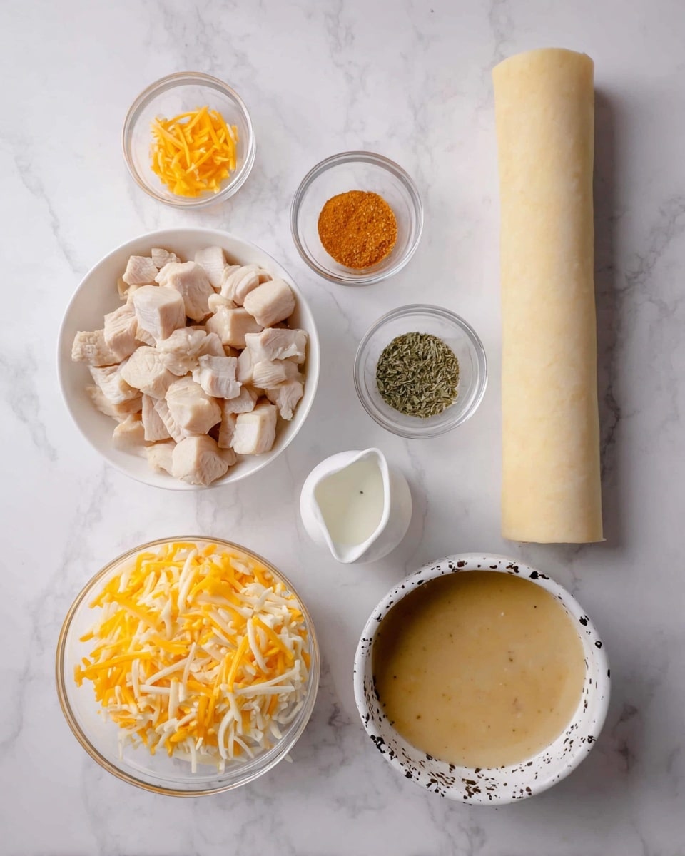 The image shows six bowls and a rolled dough sheet arranged on a white marbled surface. In the bottom left, a clear bowl holds a mix of shredded yellow and white cheese. Above it to the left, a white bowl is filled with diced cooked chicken pieces. Next to the chicken on the upper left, two small clear bowls contain fine orange seasoning and dried green herbs. In the center slightly to the right, a small white pitcher contains milk. Below and slightly left of the pitcher, a white bowl edged with dark spots holds thick beige gravy. To the far right of all items, a rolled dough sheet stands vertically on the surface. photo taken with an iphone --ar 4:5 --v 7
