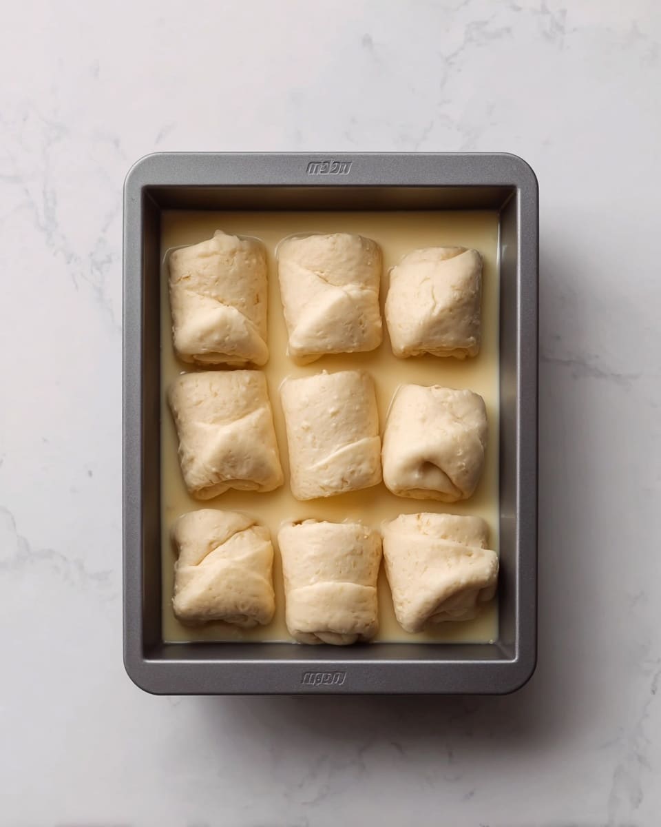 A square gray baking pan holds eight rolled dough pieces arranged in two columns and four rows, each roll light beige and softly textured, sitting in a light golden creamy sauce that fills the pan almost to the top. The dough rolls look soft and slightly puffy, with smooth curves and some visible folds. The background is a white marbled surface that adds a clean and bright look to the image. photo taken with an iphone --ar 4:5 --v 7