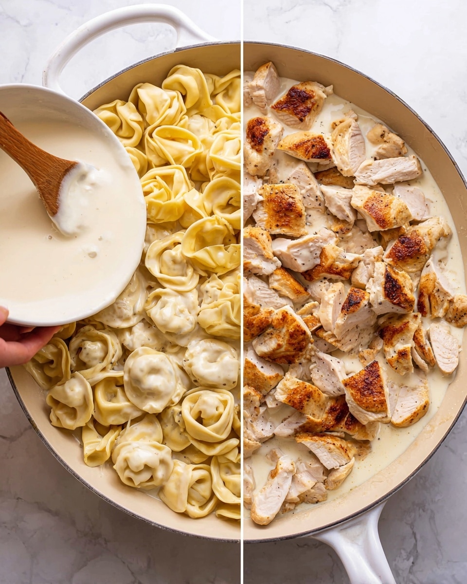 The image shows a white pan filled with creamy white sauce as the base layer, and pale yellow tortellini pasta being added in the left part of the image by a woman's hand holding a white bowl. On the right, the creamy sauce and pasta are topped with several pieces of browned, sliced chicken arranged unevenly over the tortellini. A brown wooden spoon is partially visible, stirring the layered ingredients in the pan. The white marbled surface is visible underneath the pan. Photo taken with an iphone --ar 4:5 --v 7