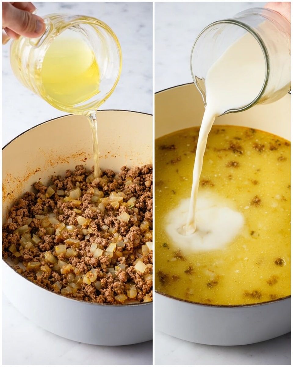 The image shows two side-by-side photos of a white pot on a white marbled surface. In the first photo, cooked ground meat with small pieces of onions is in the pot, and a clear yellowish liquid is being poured from a glass container into the pot by a woman's hand positioned above it. In the second photo, the pot is filled with the yellowish liquid and meat mixture, and a white creamy liquid is being poured from another glass container, creating a soft swirl on the surface. The pot has a smooth texture and slightly browned edges. Photo taken with an iphone --ar 4:5 --v 7