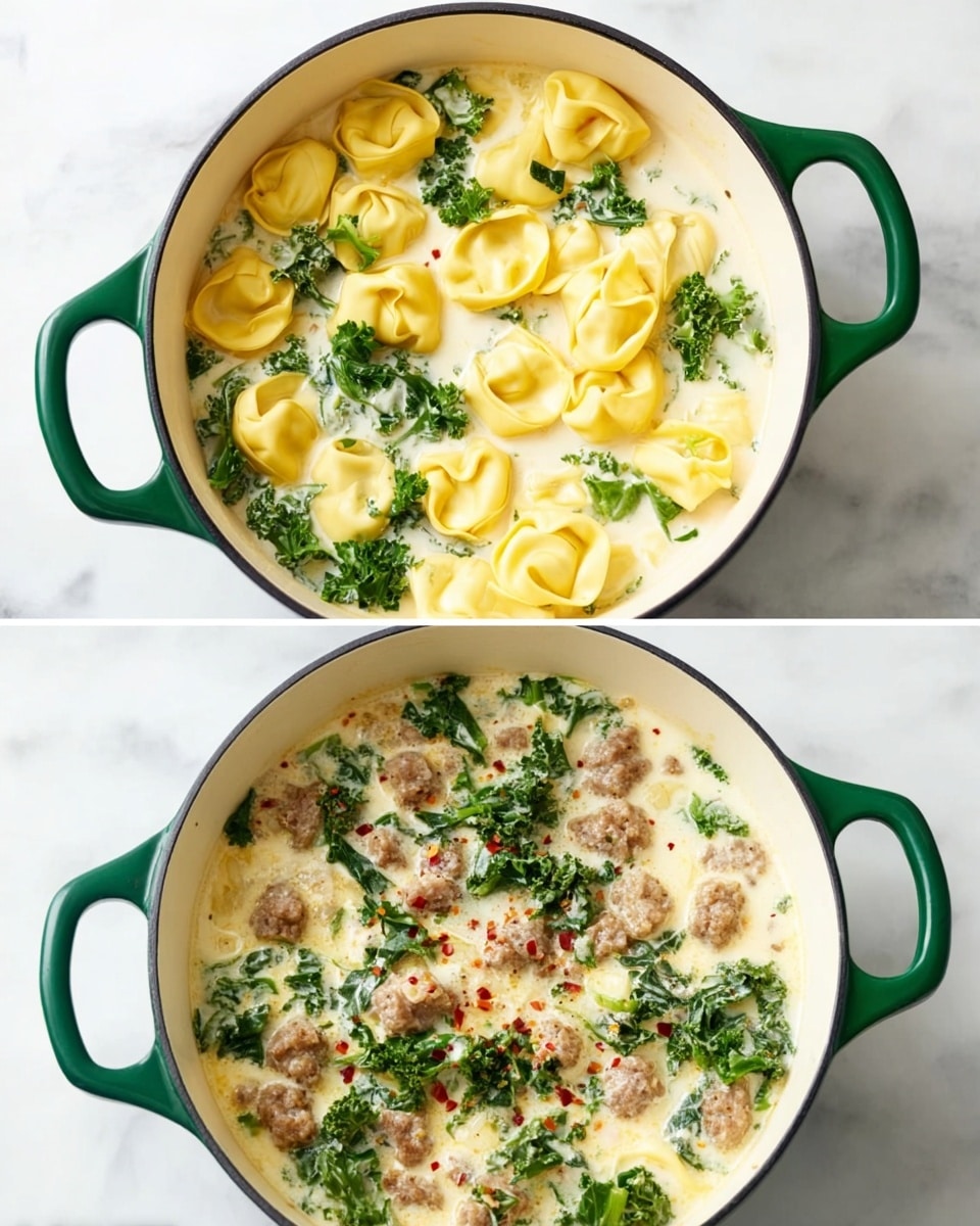 The image shows two white enamel pots with green handles, each filled with a creamy sauce containing different ingredients. The pot on the left has a light cream sauce with yellow tortellini pasta floating on top, mixed with bright green kale pieces scattered throughout. The pot on the right has a similar creamy sauce but with added small brown sausage pieces evenly spread among the yellow tortellini and green kale, with a few red pepper flakes sprinkled on top. Both pots are placed on a white marbled surface. Photo taken with an iphone --ar 4:5 --v 7