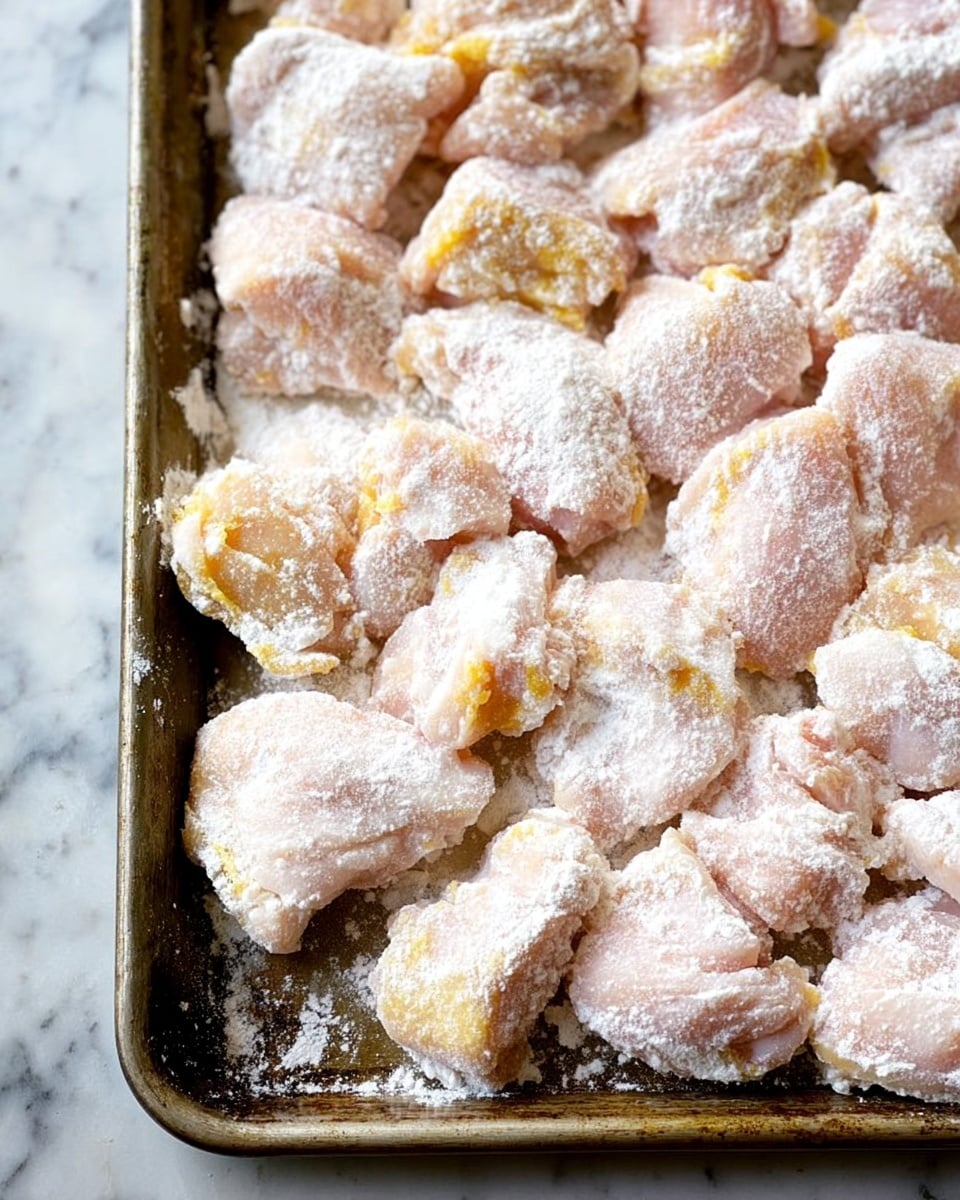 The image shows many pieces of raw chicken coated with white flour, arranged closely together on a slightly worn metal baking tray. The chicken pieces have a pale pink color under the uneven dusting of flour, creating a rough texture with some yellowish spots of fat. The tray is placed on a white marbled surface. photo taken with an iphone --ar 4:5 --v 7