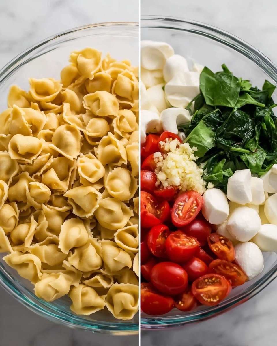 The image shows two photos side by side. The left photo has a clear glass bowl filled with small, folded pasta pieces in a light yellow color on a white marbled surface. The right photo shows the same glass bowl with the pasta at the bottom, surrounded by fresh bright red cherry tomatoes cut in half on the top right, dark green chopped spinach leaves on the top left, small white mozzarella balls on the bottom right, and a small pile of minced garlic in the center. All the ingredients create a colorful and fresh look. Photo taken with an iphone --ar 4:5 --v 7