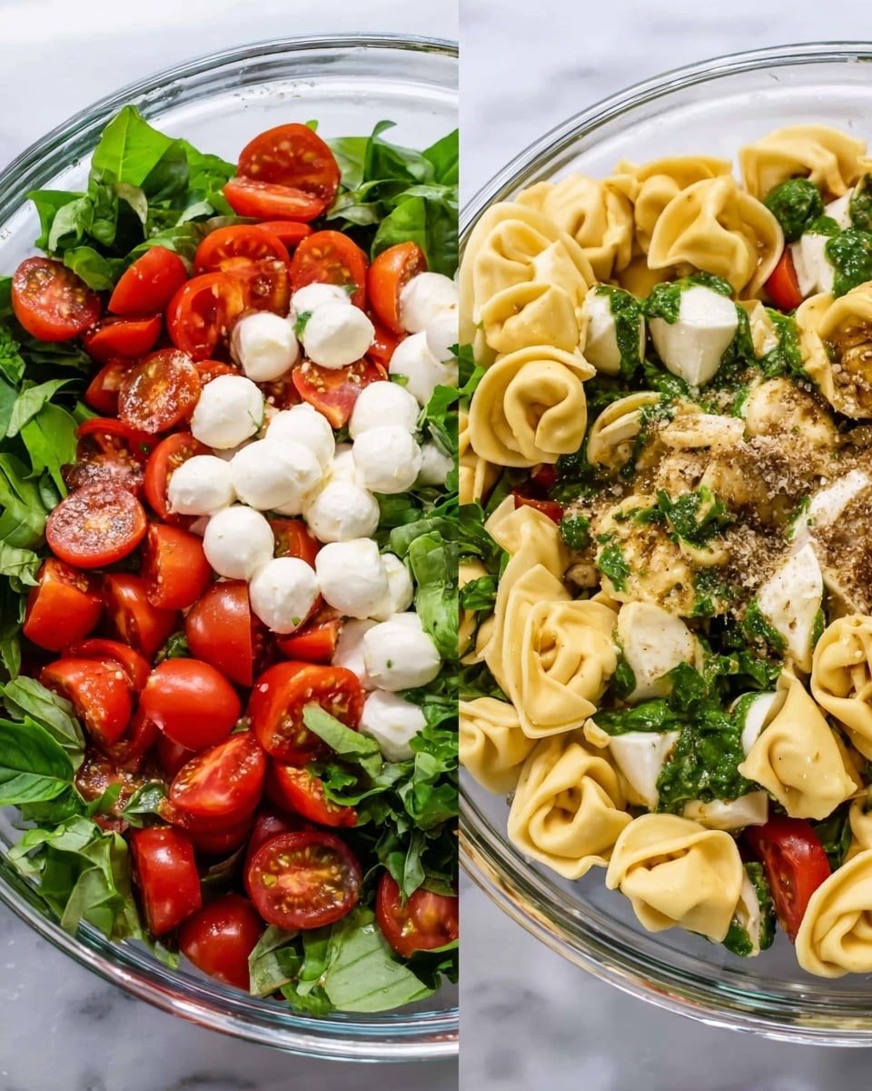 The image shows a clear glass bowl on a white marbled surface filled with a vibrant pasta salad. The salad has four main layers: at the bottom, there is light yellow tortellini pasta with a smooth texture; next, fresh chopped dark green basil leaves cover part of the pasta; bright red halved cherry tomatoes are scattered evenly on the top left side, with a cluster of small white mozzarella balls nearby; mixed seasonings and dressing sit in the center, giving a slightly shiny look to the ingredients. The second image shows the ingredients mixed together, where the green basil, red tomatoes, white mozzarella, and yellow tortellini blend nicely with a light dressing, creating a colorful and fresh look. photo taken with an iphone --ar 4:5 --v 7