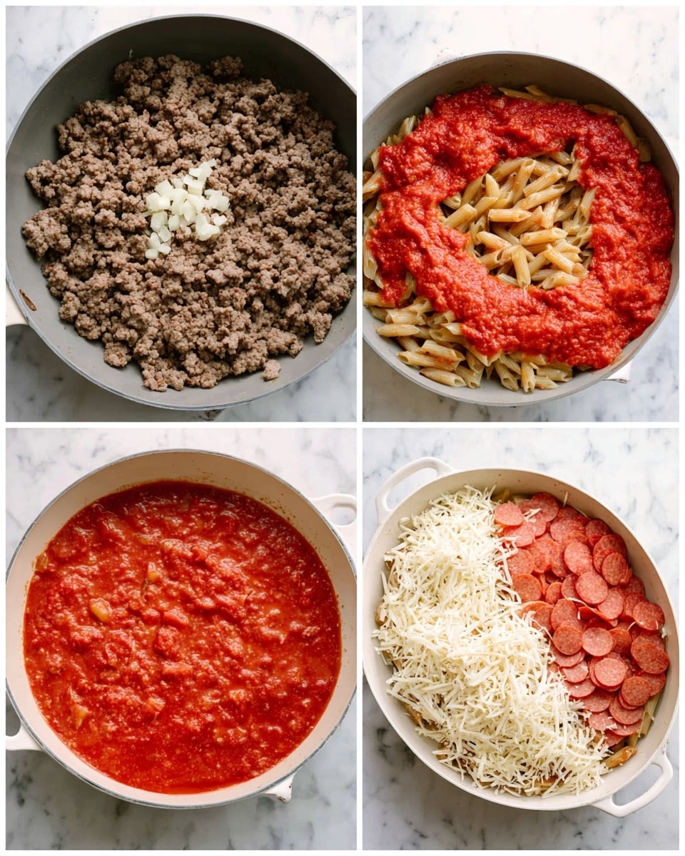 The first image shows cooked ground meat with small pieces of minced garlic added on the right side of a large gray pan, sitting on a white marbled texture. The second image depicts the same cooked ground meat evenly spread in the pan, now with a thick, bright red tomato sauce poured in the center, partially covering the meat. The third image features a white oval pot on the same white marbled surface, filled with four layers: the bottom layer is dry rigatoni pasta on the right, a heap of sliced pepperoni on the top right, cooked ground meat with tomato sauce on the left, and a large pile of shredded white cheese on the bottom right. Photo taken with an iphone --ar 4:5 --v 7