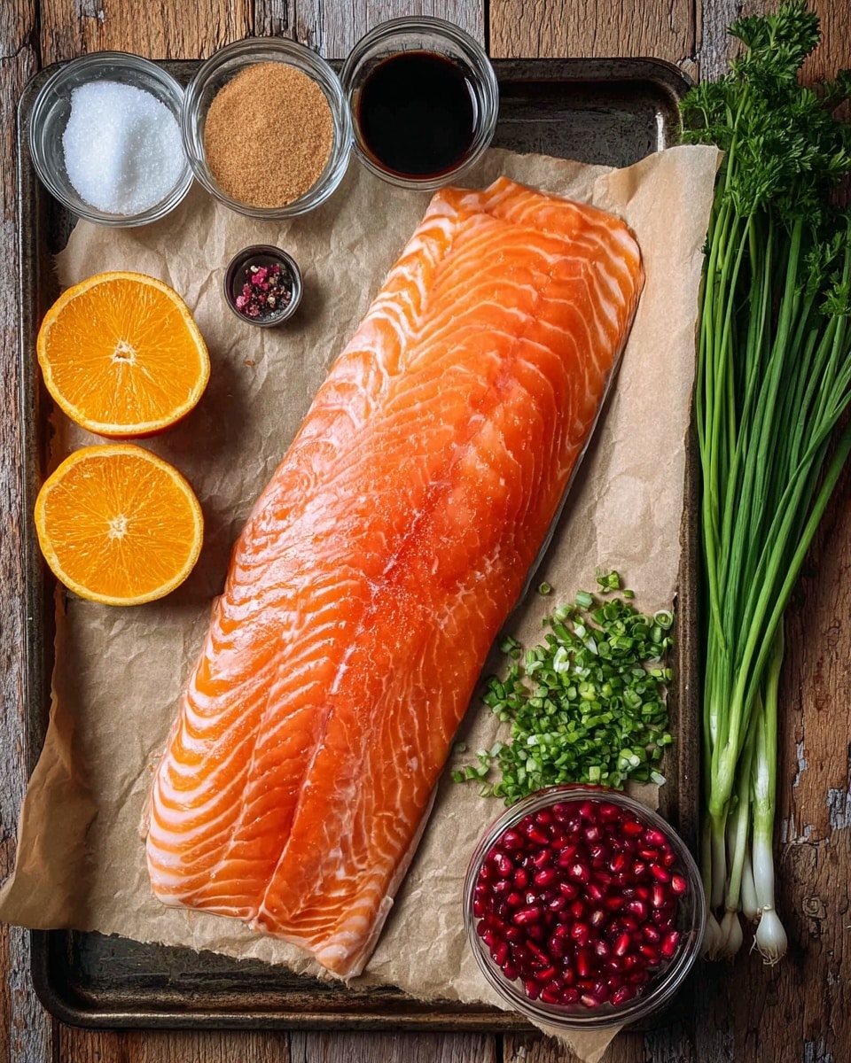 A large fresh salmon fillet with bright orange and white stripes lies flat on parchment paper over a baking pan, taking up most of the center space. To the bottom left of the salmon are two halves of a bright orange cut in circles. Around the pan, small clear bowls with brown sugar, dark soy sauce, and salt and pepper sit to the right side along with fresh green onions standing vertically at the top right. A bunch of green parsley and loose green chives are placed on the white marbled surface at the bottom left, and a small bowl filled with red pomegranate seeds is at the bottom right. The whole scene is on a rustic wooden texture background. photo taken with an iphone --ar 4:5 --v 7