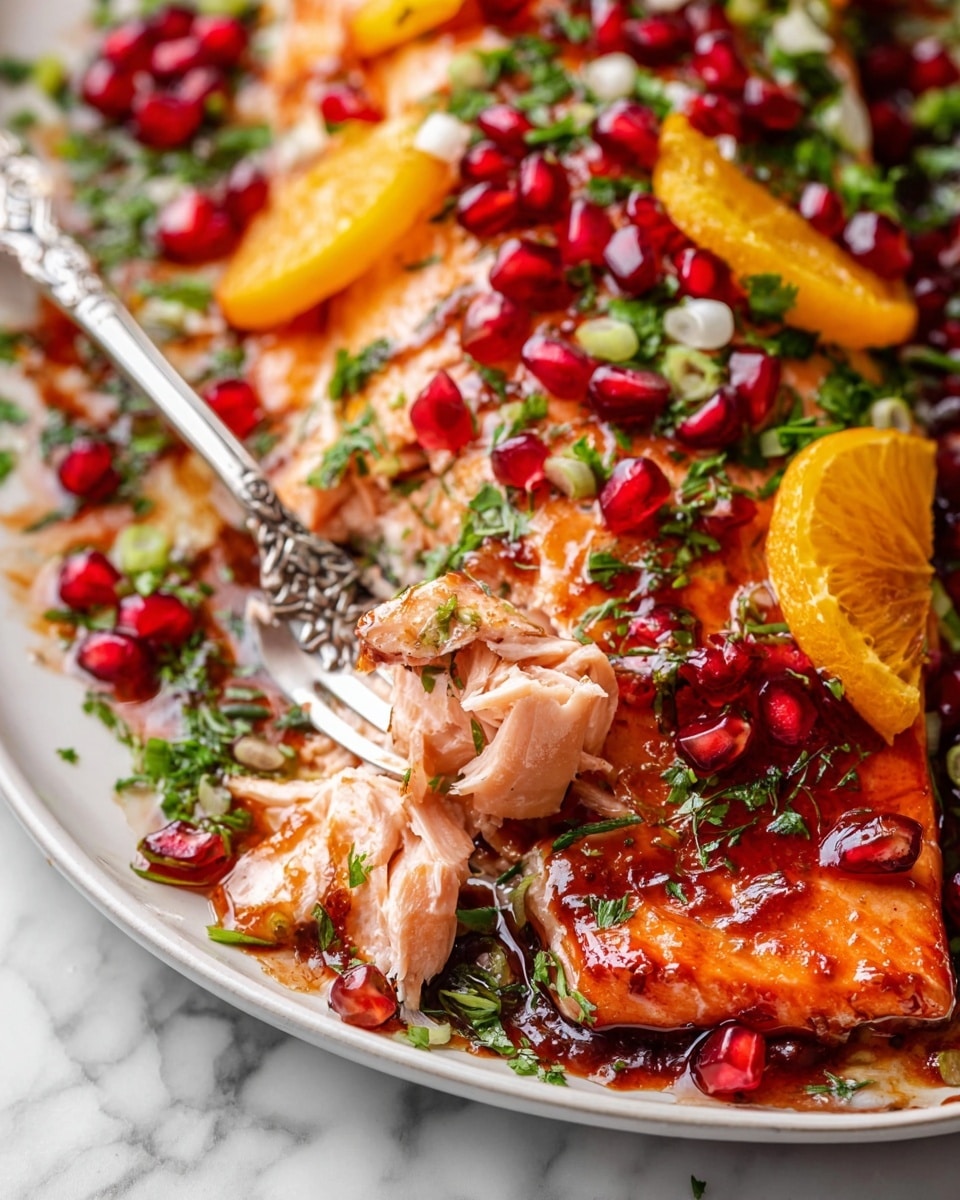 The dish shows a cooked salmon fillet with a shiny, glazed, reddish-brown surface as the main bottom layer. On top of the salmon, there are small bright red pomegranate seeds scattered around, along with chopped green herbs and sliced spring onions adding fresh green color. Thin orange slices with bright yellow flesh and a slightly translucent look are placed evenly over the top. A silver fork with flower details is lifting a chunk of the salmon, showing the soft, flaky, light pink inside. The plate is white and the surface beneath it has a white marbled texture. photo taken with an iphone --ar 4:5 --v 7