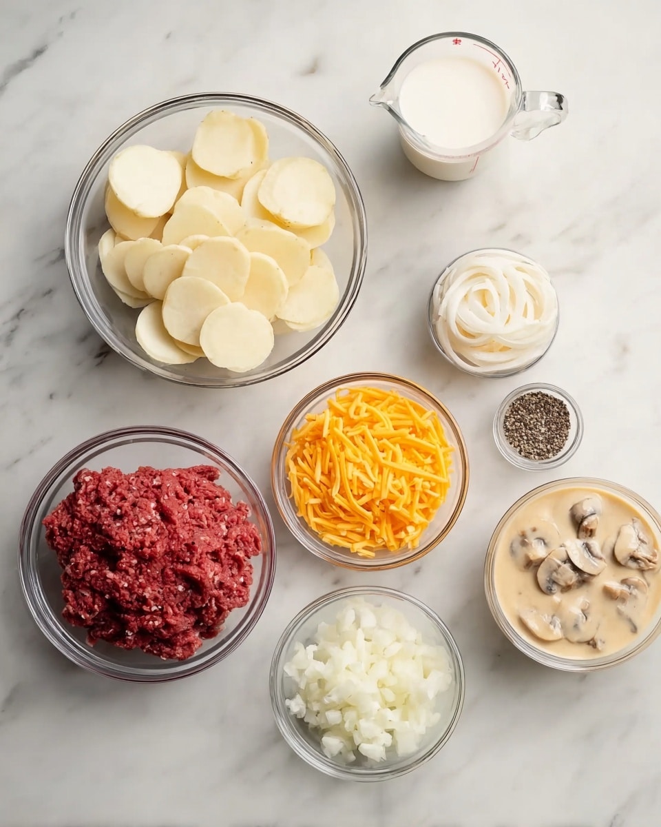 A white marbled surface holds several clear glass bowls arranged neatly, each with a different ingredient: one bowl is filled with thin, round white potato slices; another bowl holds bright orange shredded cheddar cheese; there is a bowl with raw ground beef that has a rich red color; a smaller bowl contains chopped white onions; another small bowl has creamy beige mushroom sauce with visible mushroom bits; near the top right, there is a clear measuring cup with white milk inside, and two small glass containers hold white salt and coarse black pepper. The scene is bright and clean, showing the ingredients clearly. photo taken with an iphone --ar 4:5 --v 7