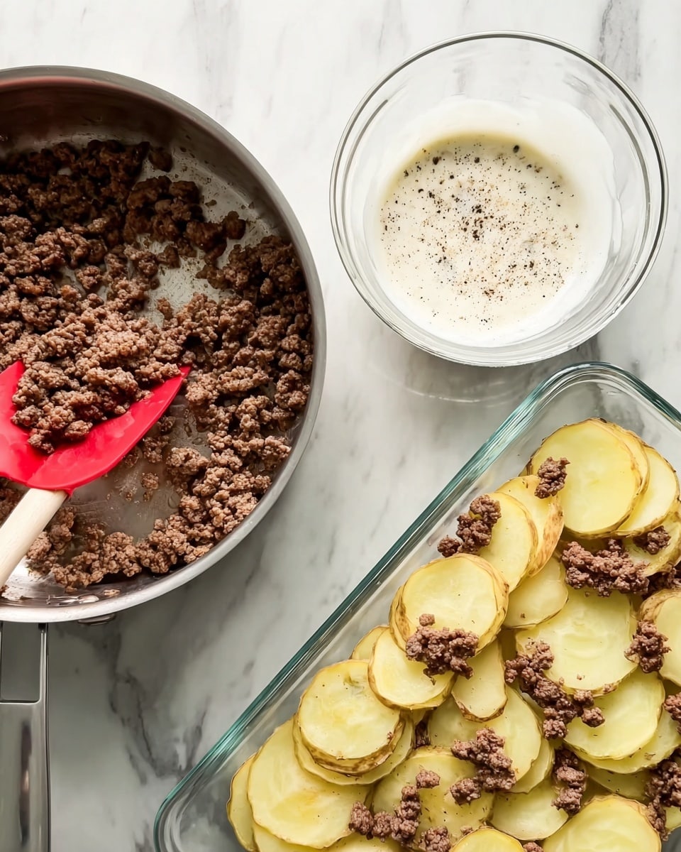 The image shows three main items on a white marbled surface: a metal pan filled with cooked ground beef and a red spatula resting inside, a clear round bowl with a white sauce sprinkled with black pepper, and a clear rectangular dish. In the rectangular dish, there is a base layer of thin potato slices arranged closely, topped with scattered cooked ground beef pieces. Photo taken with an iphone --ar 4:5 --v 7