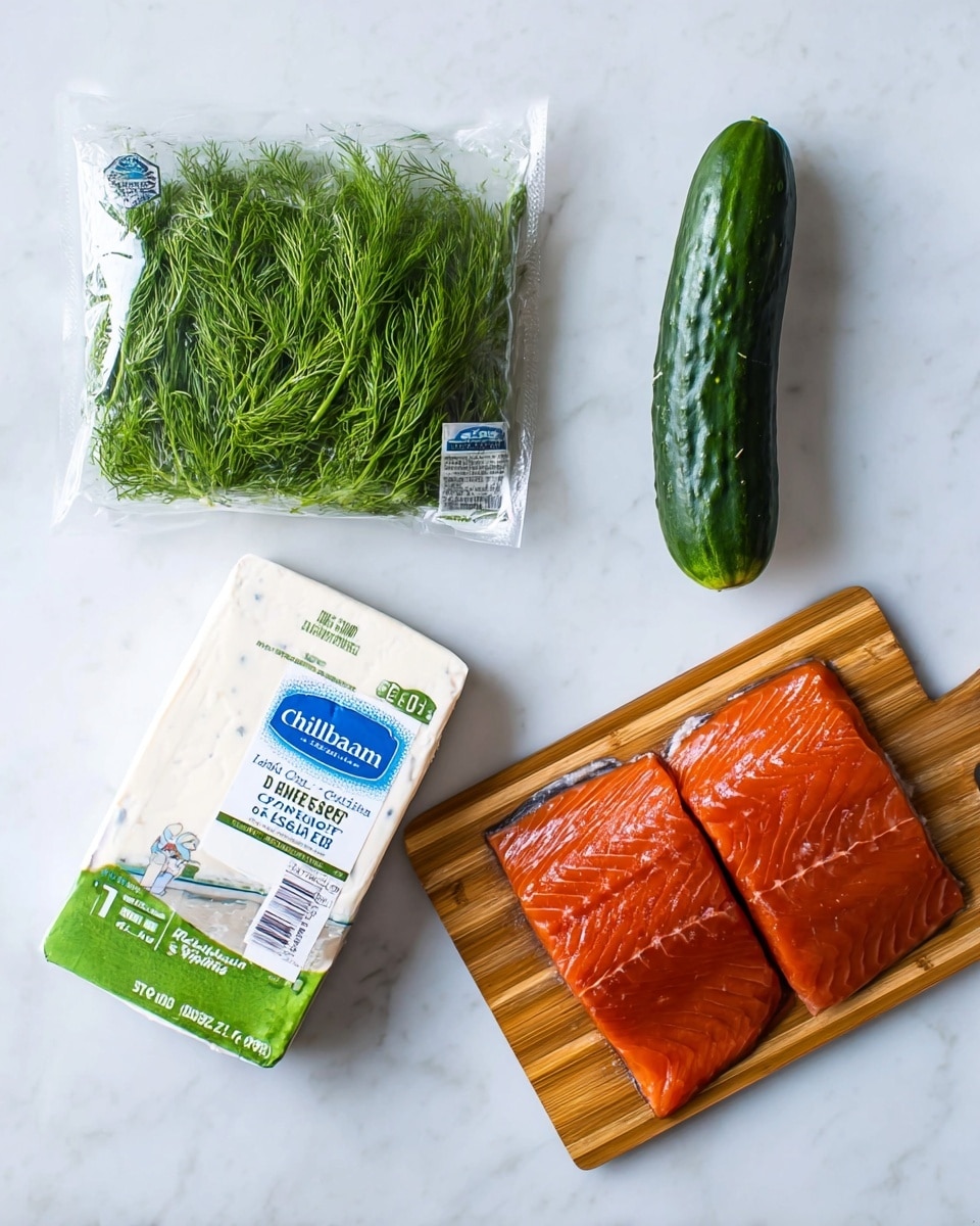 The image shows four fresh ingredients placed on a white marbled surface. From left to right, there is a clear plastic package filled with bright green baby dill, a block of Philadelphia original cream cheese in its white and blue wrapper below the dill, a whole dark green cucumber with a bumpy texture in the middle, and a package of traditional wild Alaskan smoked sockeye salmon on a wooden design tray on the right. The salmon is a deep reddish-orange color and is neatly laid out in three sections. photo taken with an iphone --ar 4:5 --v 7