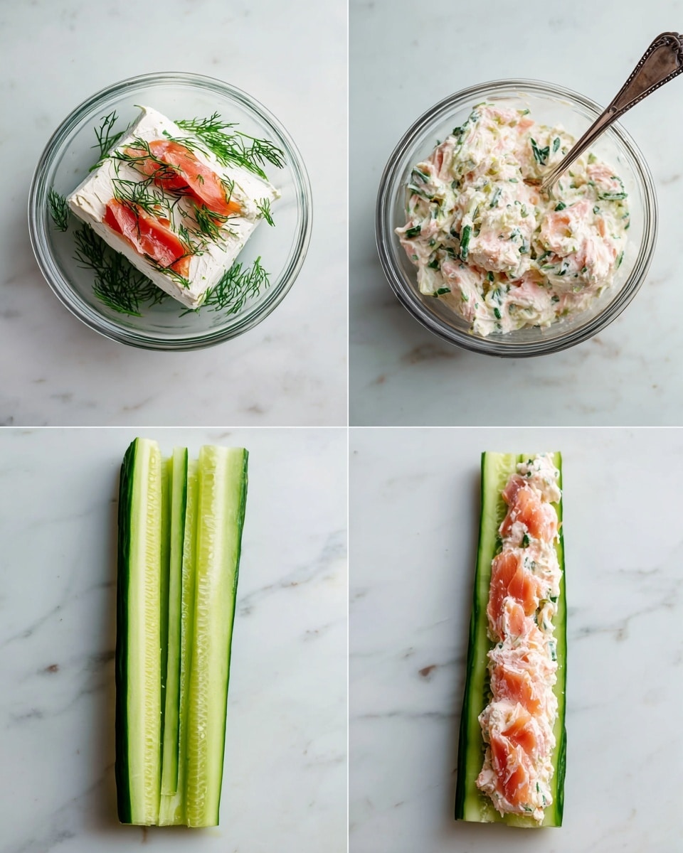 The image shows four steps of a recipe preparation on a white marbled surface. The first step is a clear glass bowl holding a white block of cream cheese, topped with bright green dill and several pieces of reddish smoked salmon. The second step shows the same bowl now containing a mixed creamy spread with pink bits of salmon and green herbs, with a silver spoon resting inside. The third step displays a white surface with long, thin slices of cucumber peeled with a black peeler, arranged neatly side by side. The fourth step presents one long cucumber slice laid flat with a line of the creamy salmon spread evenly spread along its length. photo taken with an iphone --ar 4:5 --v 7