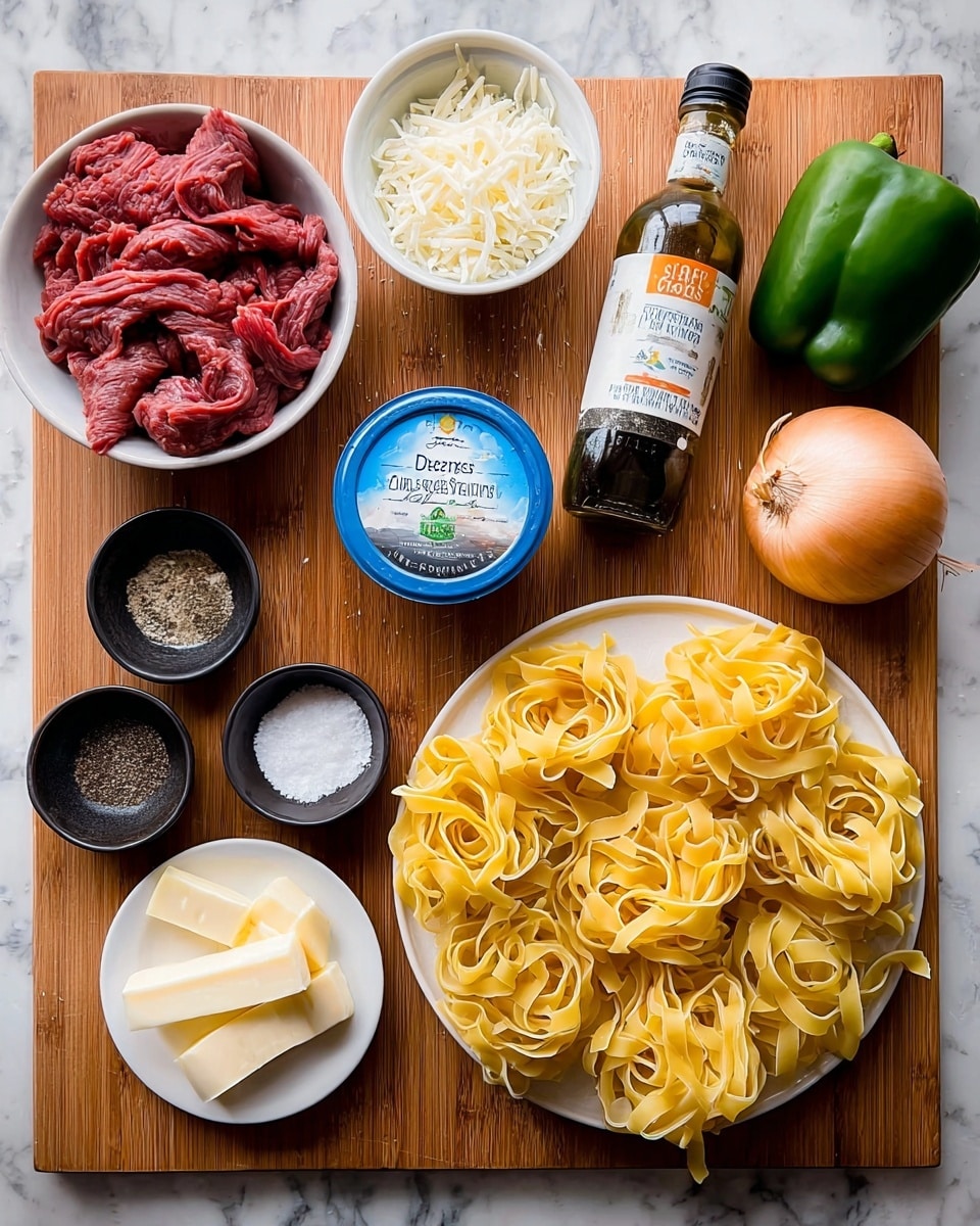 The image shows a wooden board with several cooking ingredients arranged neatly. On the left side, there is a white bowl filled with raw, thinly sliced red beef strips, and above it a small white bowl with shredded white cheese. Next to the cheese is a blue and white container of double cream. Below the beef are two small black bowls, one with white salt and the other with black pepper. On the right side of the board is a large white plate holding several nests of uncooked yellow tagliatelle pasta. Above the pasta, on the board, there is a small white plate holding a few slices of pale yellow butter. Near the bottom right, there is a whole yellow onion with its dry skin partly loose, two garlic cloves, a shiny green bell pepper, a glass bottle of dark Worcestershire sauce with an orange label, and a green-tab avocado oil bottle. The background surface beneath the board is a white marbled texture. photo taken with an iphone --ar 4:5 --v 7