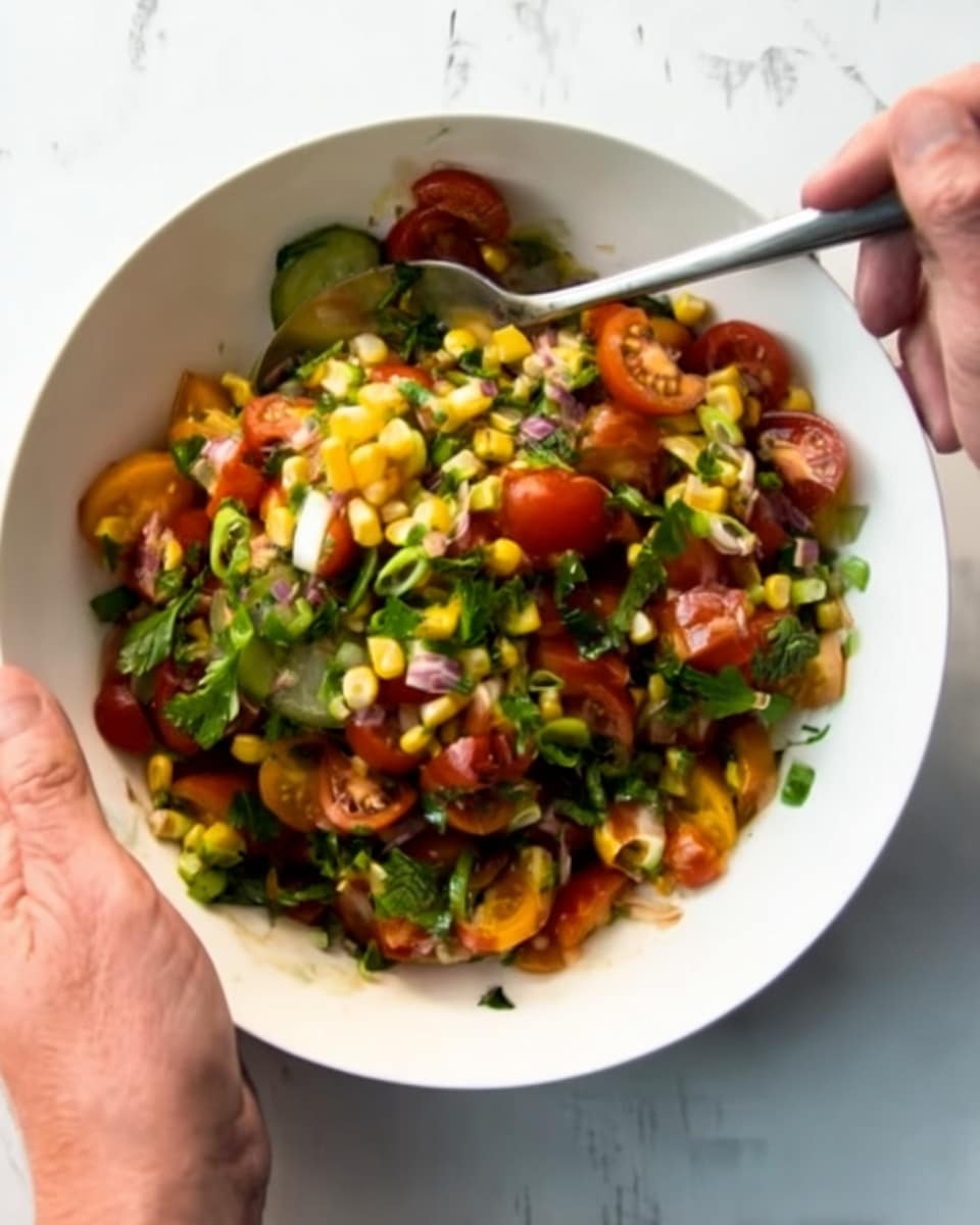 A white bowl filled with a colorful salad featuring chopped tomatoes, yellow corn kernels, sliced green onions, and fresh green herbs, all mixed together with a shiny dressing. A woman's hand is holding a spoon stirring the ingredients inside the bowl, while the other woman's hand steadies the bowl. The scene is set on a white marbled surface. Photo taken with an iphone --ar 4:5 --v 7