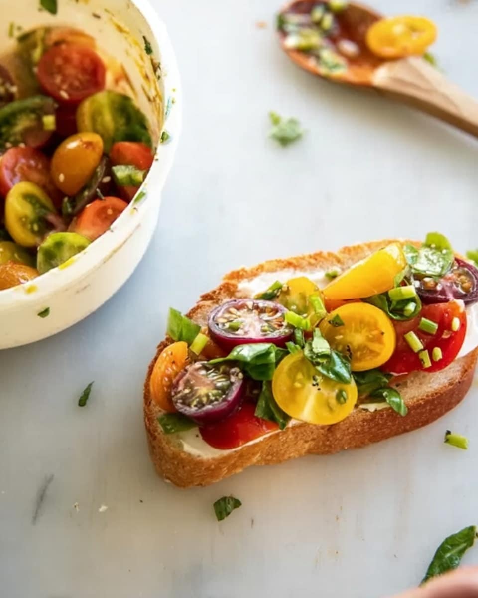 A white slice of toasted bread is topped with three layers of halved small tomatoes in red, yellow, and purple colors, with fresh green spinach leaves and small pieces of chopped green herbs scattered on top. The toast sits on a white marbled surface near a white bowl filled with a colorful salad of similar halved tomatoes and green leaves, with a wooden spoon inside the bowl. A woman's hand is faintly visible in the bottom right corner. Photo taken with an iphone --ar 4:5 --v 7