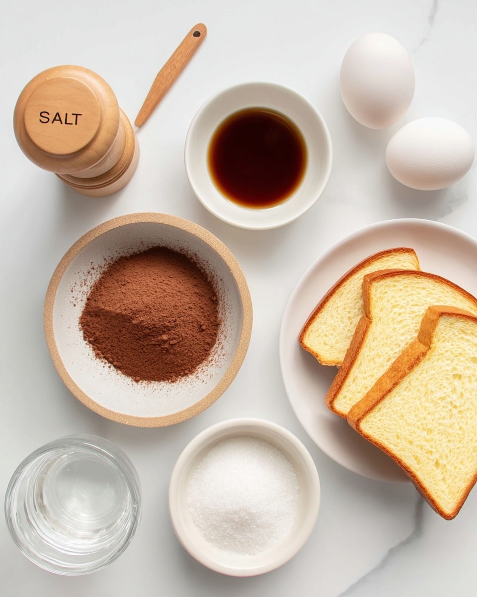 The image shows ingredients laid out on a white marbled surface. There are three light golden slices of bread stacked on a white plate on the right side. Two white eggs are placed near the top right corner. A small white bowl with dark brown liquid is near the center top. A wooden pepper grinder marked