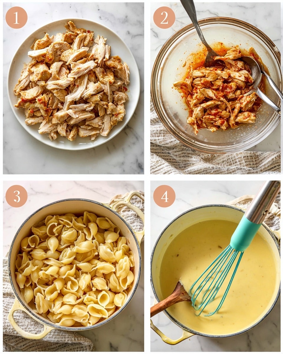 The image shows a four-step cooking process. In step one, there is a white round plate with many pieces of cooked chicken, light golden with some brown edges, layered closely together filling the plate. Step two shows shredded chicken covered in a reddish sauce in a clear glass bowl with two metal spoons resting inside. Step three is a white pot with golden handles, containing a light yellow creamy sauce being mixed with a teal whisk that has a rose gold handle. Step four shows the same white pot filled with cooked pasta shells mixed with the shredded chicken and creamy sauce, with a wooden spoon inside and some kitchen towels underneath, all placed on a white marbled surface. Photo taken with an iphone --ar 4:5 --v 7