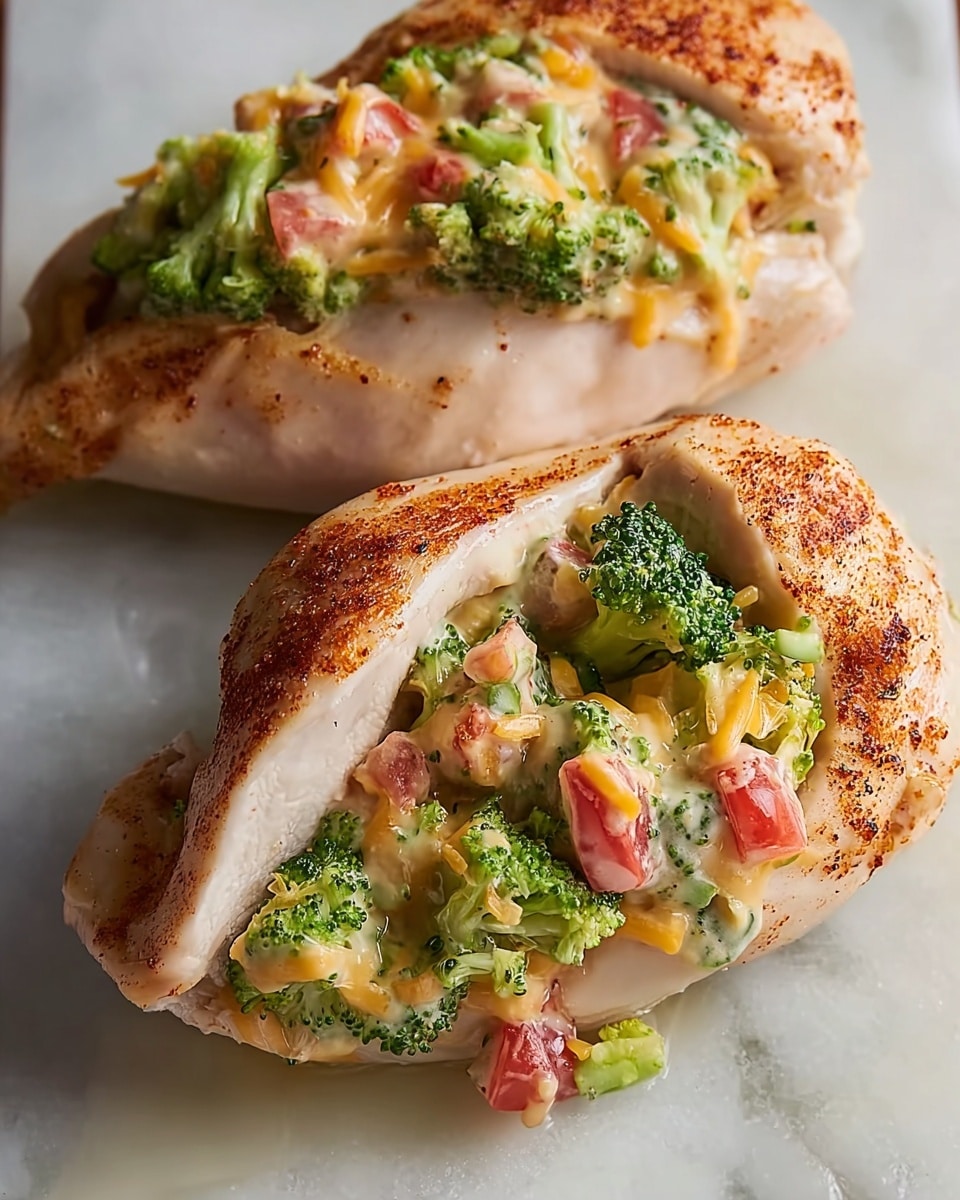 The image shows two chicken pieces sliced open to hold a colorful filling. Each piece is pale with a light seasoning of reddish spices on the skin. The filling inside is made of bright green broccoli florets, small red tomato cubes, and bits of orange shredded cheese mixed with a creamy dressing, creating a chunky and textured look. The chicken rests on a smooth white marbled surface with soft natural light highlighting the fresh colors and textures of the ingredients. Photo taken with an iphone --ar 4:5 --v 7