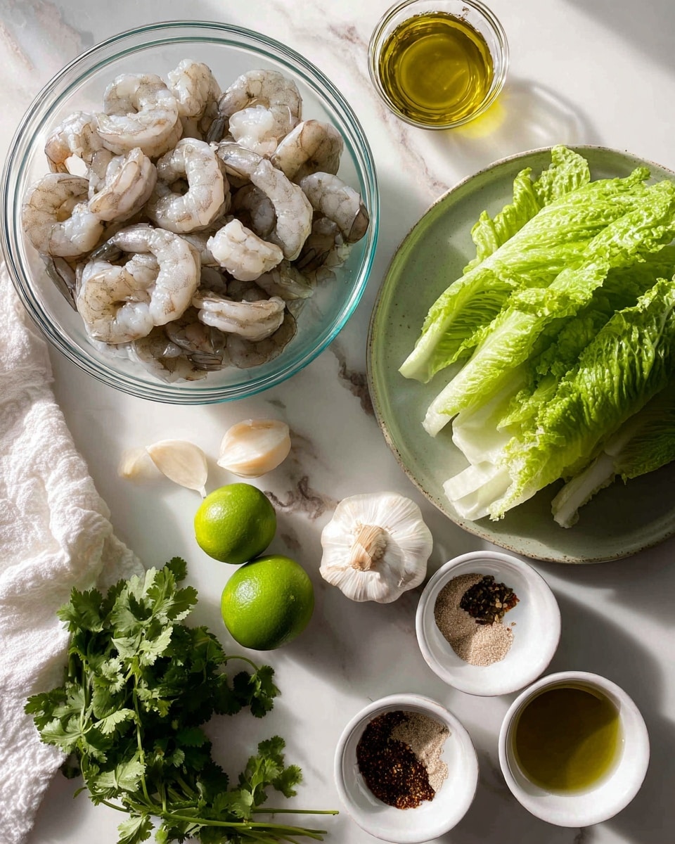A clear glass bowl filled with raw shrimp sits in the top left center of a white marbled surface, showing their light grayish-pink color and slightly curled shape. To the right, a plate holds fresh romaine lettuce with bright green leaves and white ribs. Near the center bottom, a small pile of fresh green cilantro leaves rests on a light gray dish. Three whole bright green limes are placed near the bottom left corner next to a bulb of white garlic. Two small white bowls near the right side contain golden olive oil and a mix of dark and light brown spices. The scene is softly lit with natural light, and a white cloth adds texture to the bottom left corner photo taken with an iphone --ar 4:5 --v 7