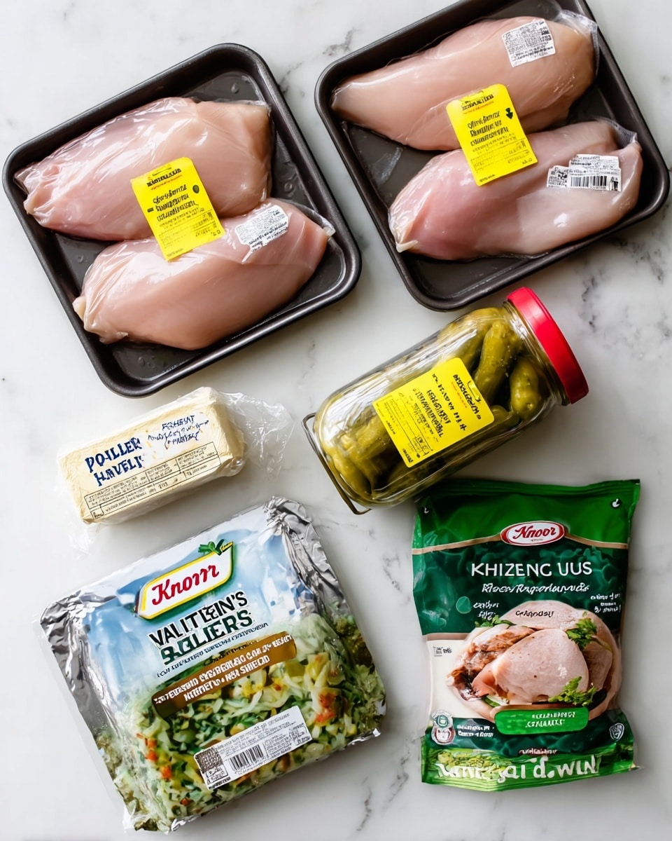 The image shows six cooking ingredients arranged on a white marbled surface. There are two black trays at the top, each holding large pale pink chicken breasts sealed with a yellow label. Below them, slightly to the left, is a small beige packet of Hidden Valley ranch seasoning with green, blue, and white colors and vegetable images on it. In the center, there is a clear glass jar filled with green pepperoncini peppers, topped with a bright red lid and a yellow label. To the left of the jar is a silver and green wrapped stick of butter. On the right side of the jar is a dark green packet of Knorr au jus gravy mix, showing cooked meat slices on the front. All items are spaced evenly and neatly positioned. Photo taken with an iphone --ar 4:5 --v 7