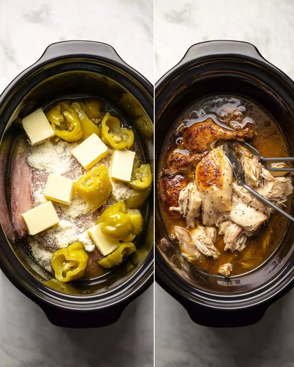 The image shows two black slow cooker pots placed side by side on a white marbled surface. The left pot is filled with raw chicken layered at the bottom, surrounded by whole light yellow-green peppers, topped with a pile of white flour and scattered cubes of pale yellow butter. The right pot contains cooked chicken with a browned skin, surrounded by the same light yellow-green peppers, sitting in a shiny brown liquid, with silver utensils pulling the chicken apart. The overall look is rustic and warm, highlighting the cooking process from raw ingredients to cooked meal. Photo taken with an iphone --ar 4:5 --v 7